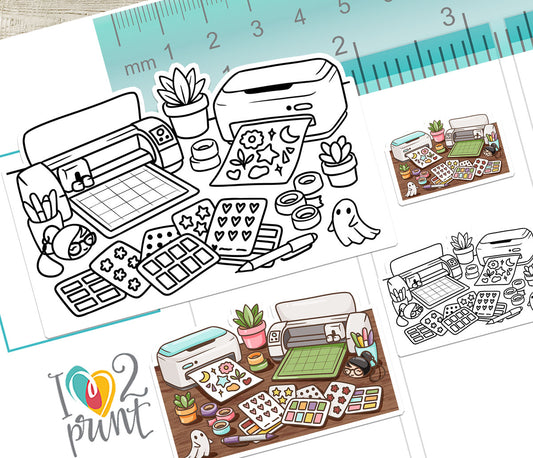 Elena Print and Cut Desk – Color and Stamp Printable Planner Stickers – PDF & Cut Files – Instant Download