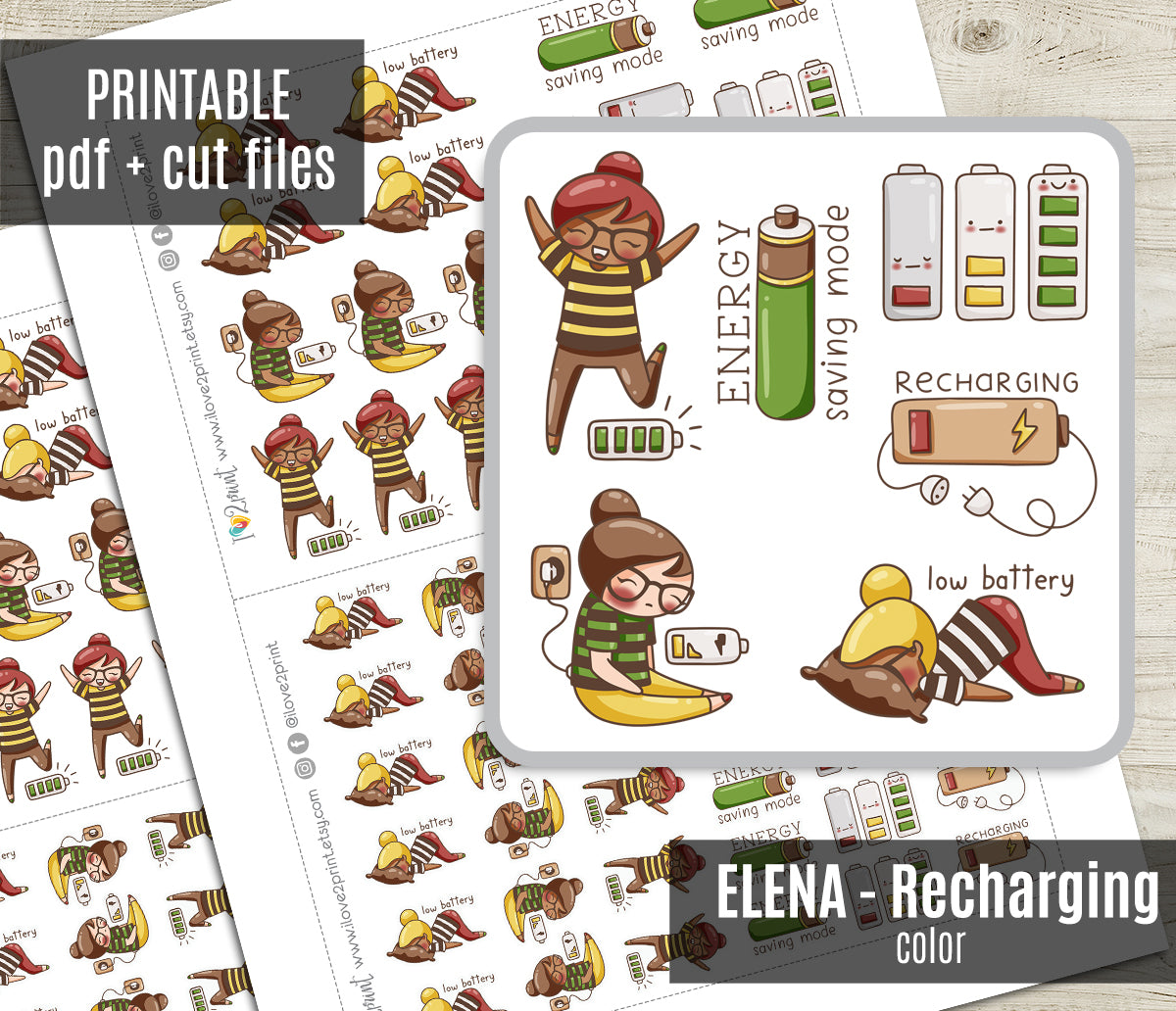Elena Recharging - COLOR Printable Planner Sticker - PDF & Cut Files