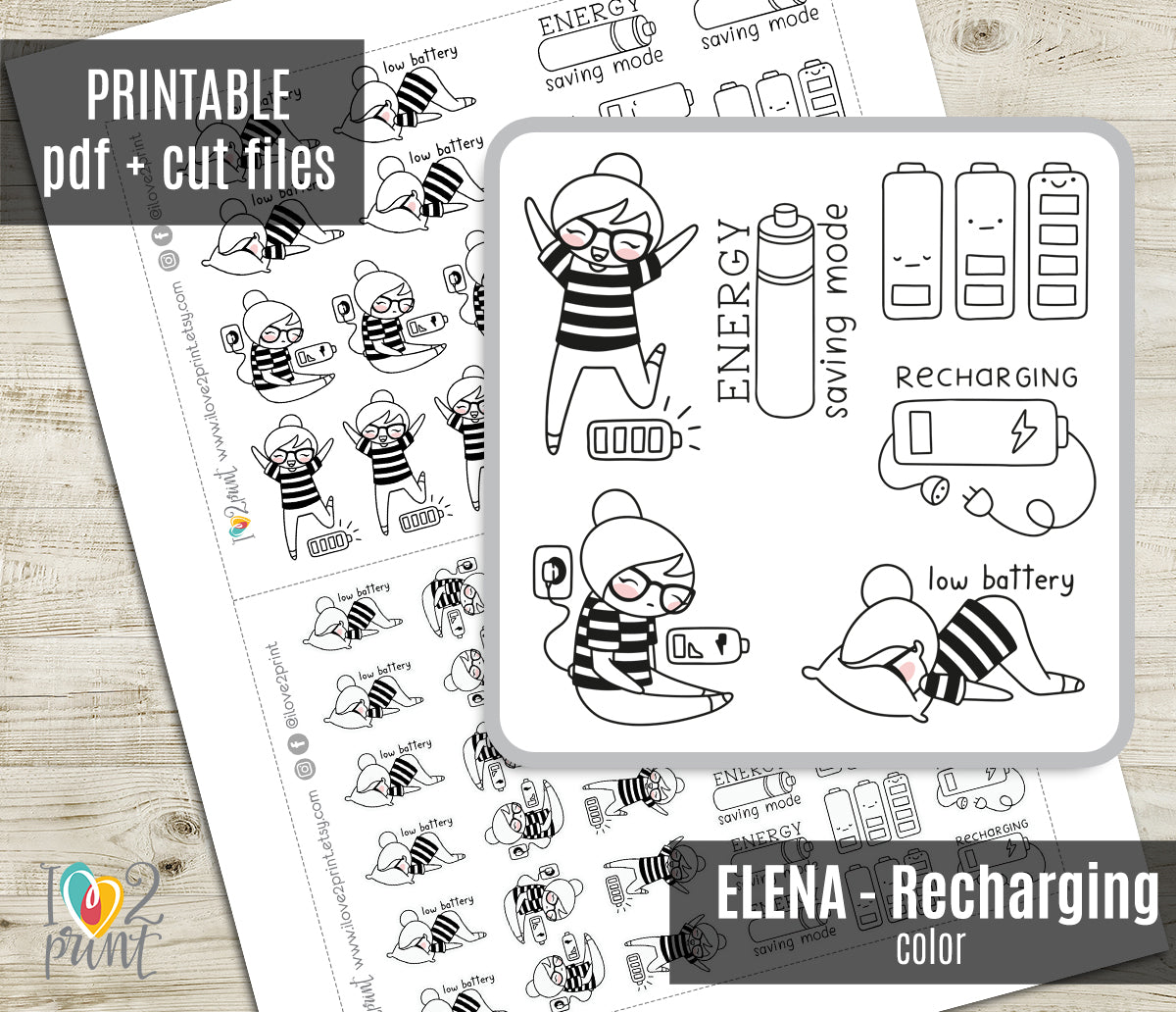 Elena Recharging - DOODLE Printable Planner Sticker - PDF & Cut Files