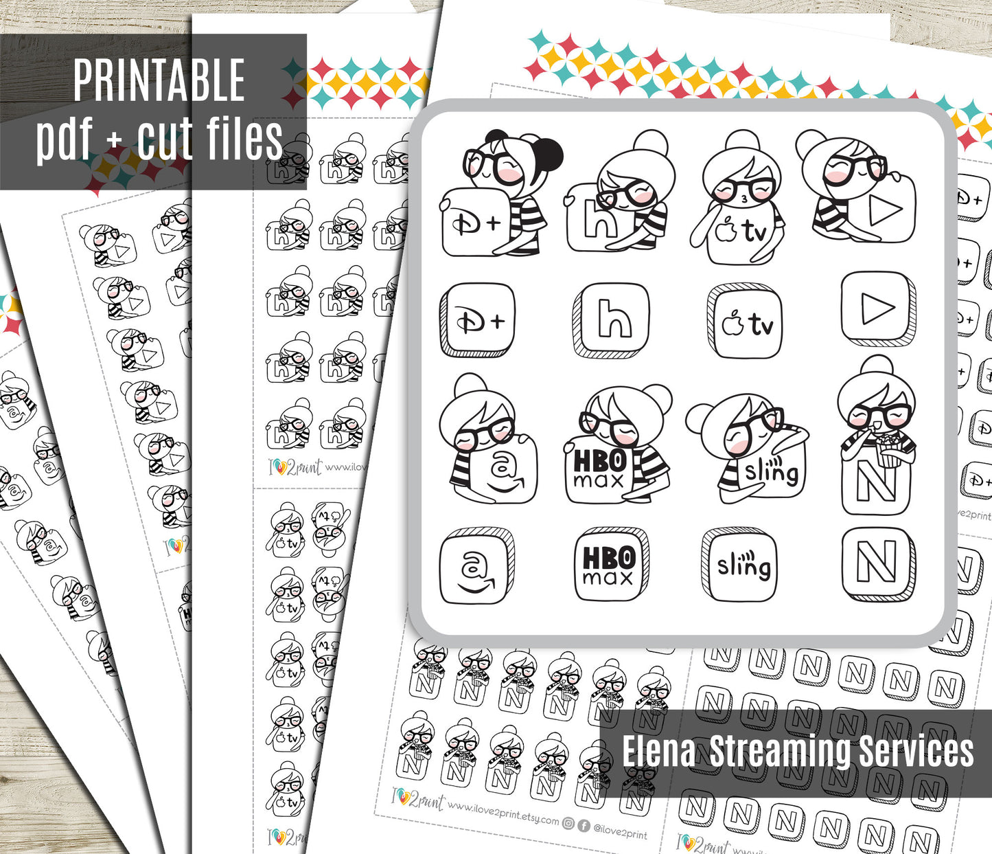 Streaming Services SET 1 – Elena Planner Girl – Printable Planner Stickers – PDF + Cut Files – Netflix, Hulu, Disney+