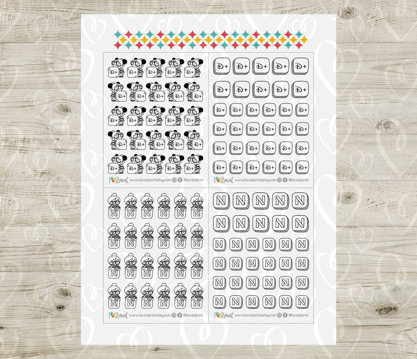 Streaming Services SET 1 – Elena Planner Girl – Printable Planner Stickers – PDF + Cut Files – Netflix, Hulu, Disney+