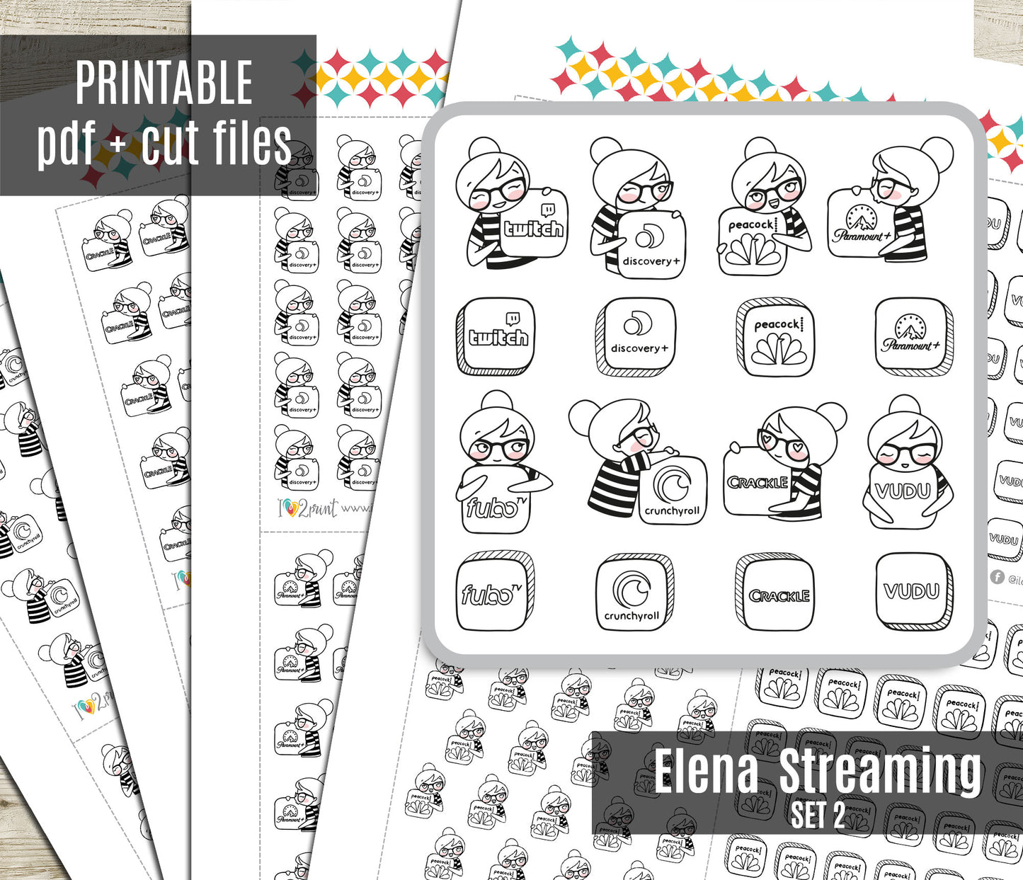 Streaming Services SET 2 – Elena Planner Girl – Printable Planner Stickers – PDF + Cut Files – Discovery, Peacock, Paramount