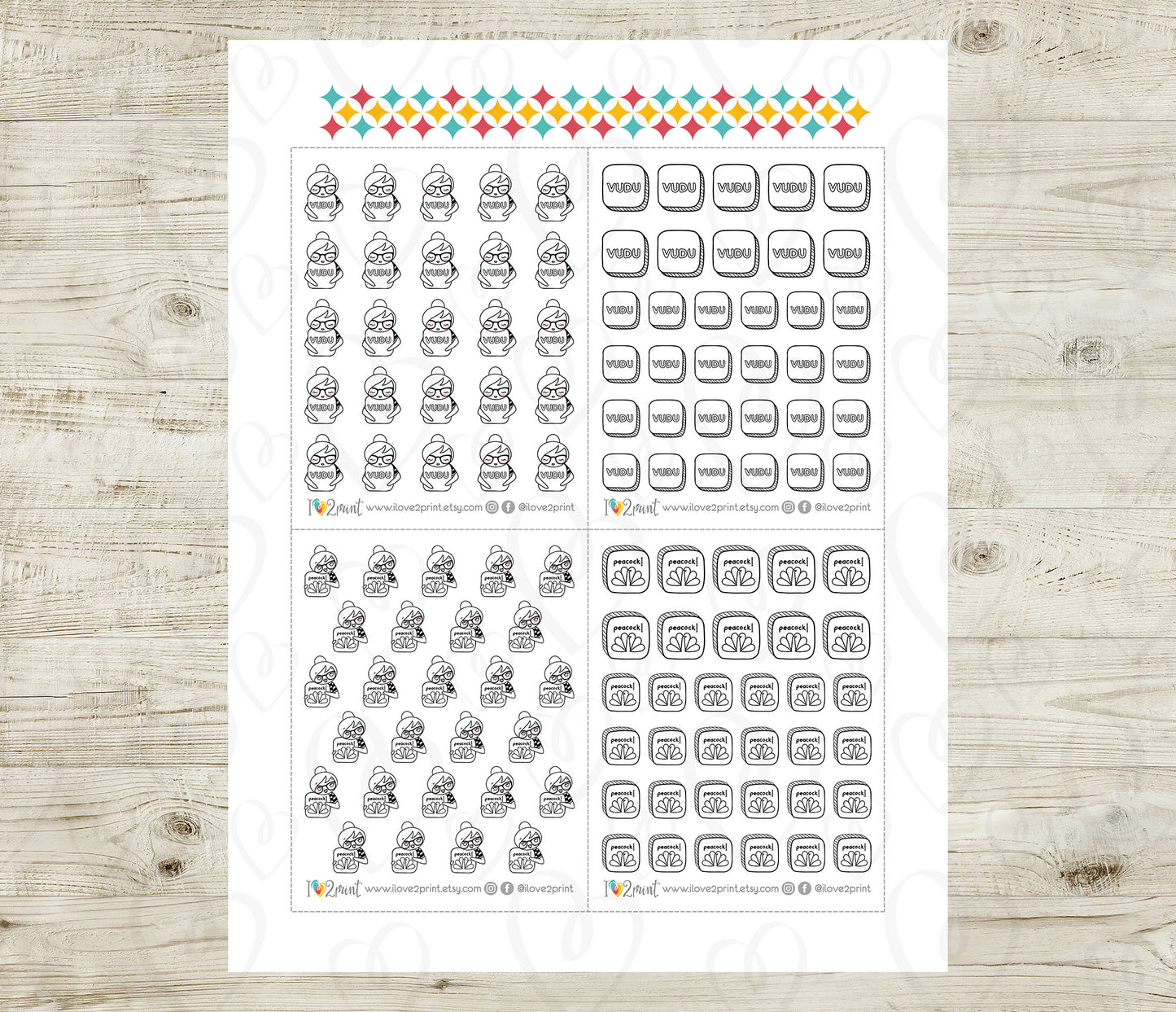 Streaming Services SET 2 – Elena Planner Girl – Printable Planner Stickers – PDF + Cut Files – Discovery, Peacock, Paramount