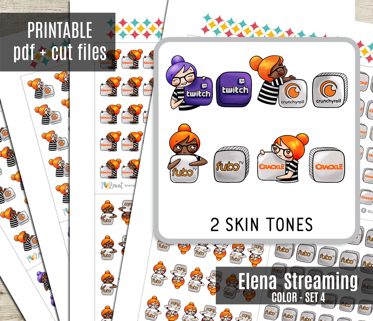 Streaming Services SET 4 – COLOR Elena Planner Girl – Printable Planner Stickers – PDF + Cut Files – Twitch, Crunchyroll, Fubo, Crackle