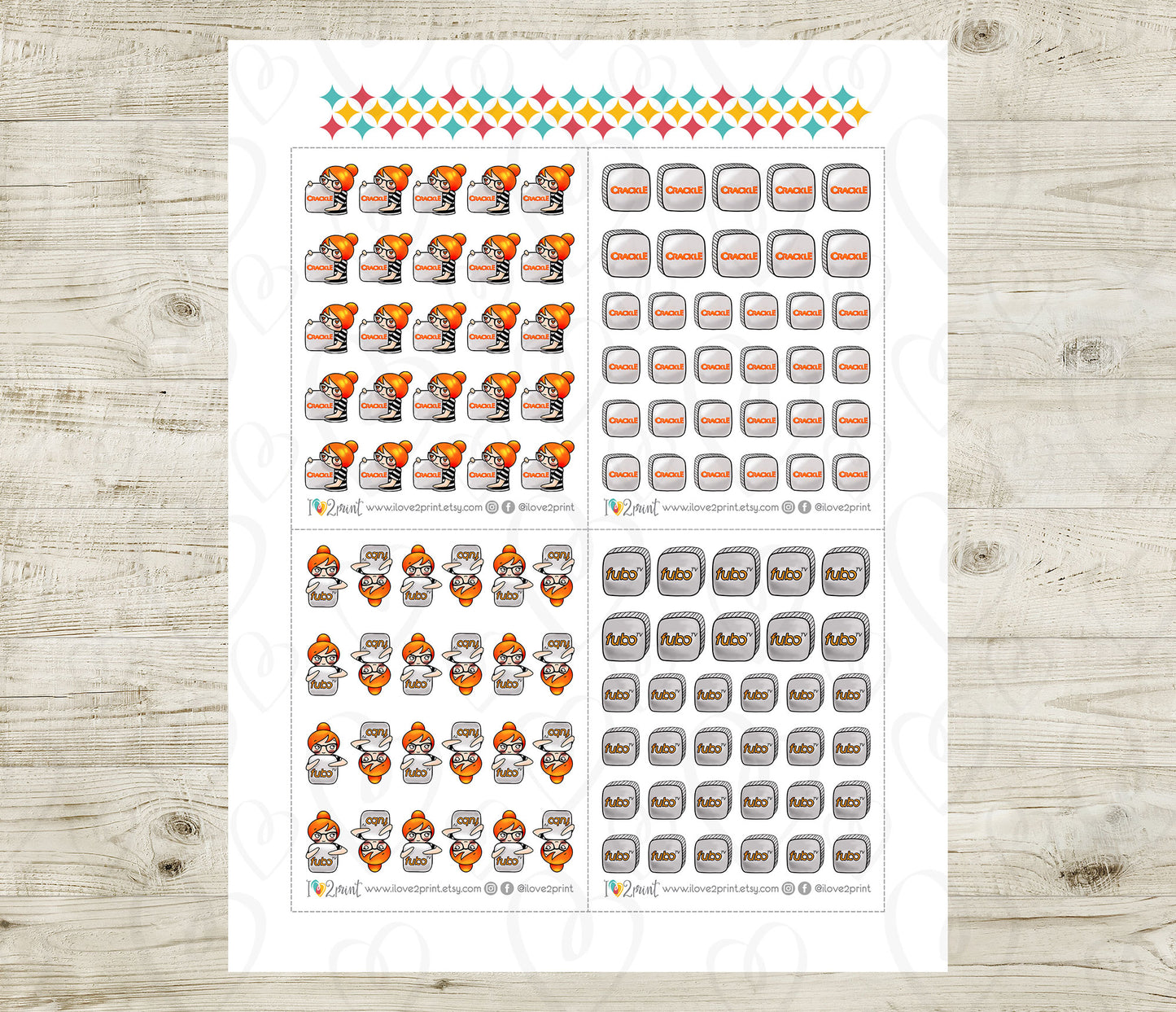Streaming Services SET 4 – COLOR Elena Planner Girl – Printable Planner Stickers – PDF + Cut Files – Twitch, Crunchyroll, Fubo, Crackle