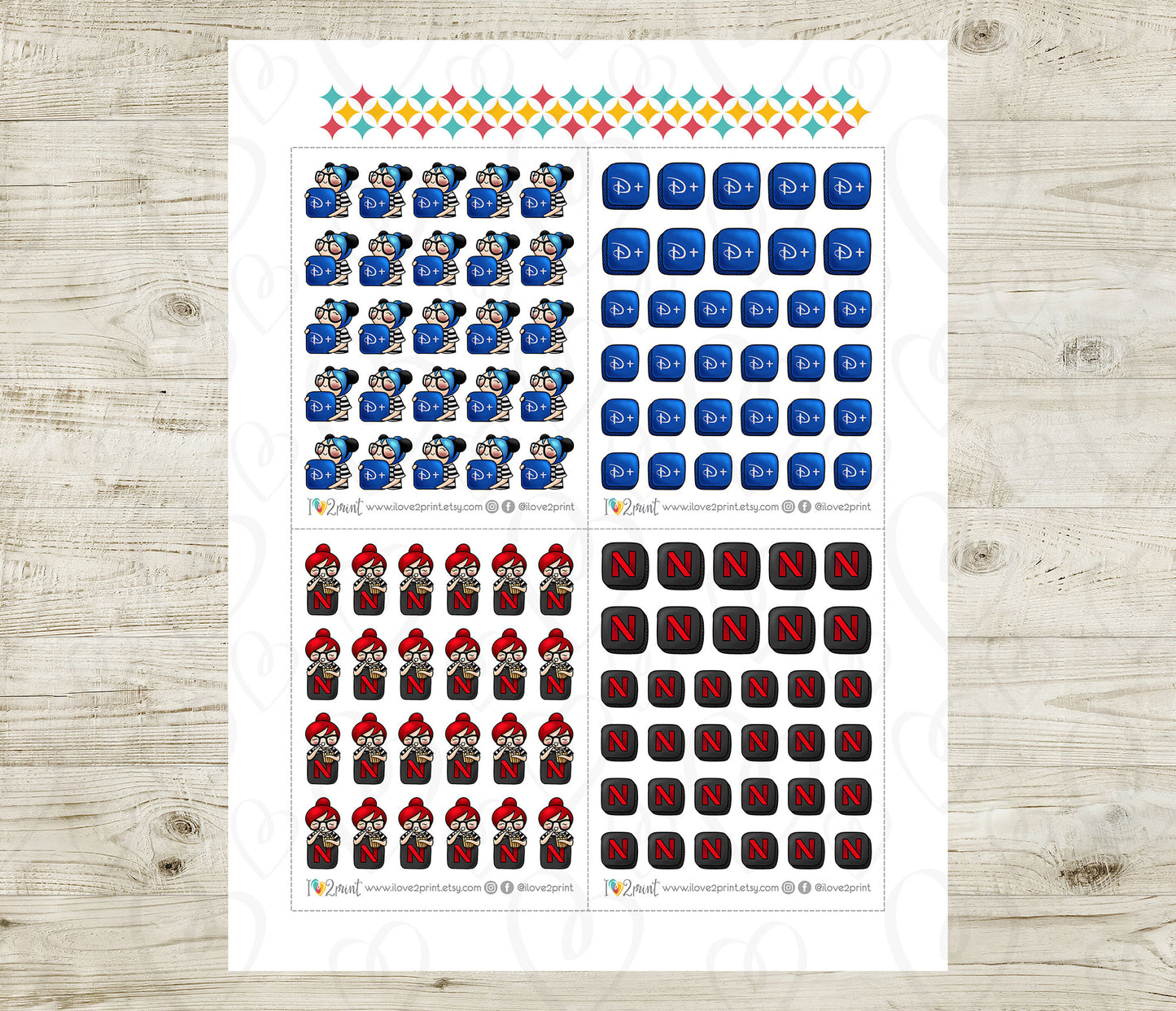 Streaming Services SET 1 – COLOR Elena Planner Girl – Printable Planner Stickers – PDF + Cut Files – Netflix, Hulu, Disney+, Apple TV