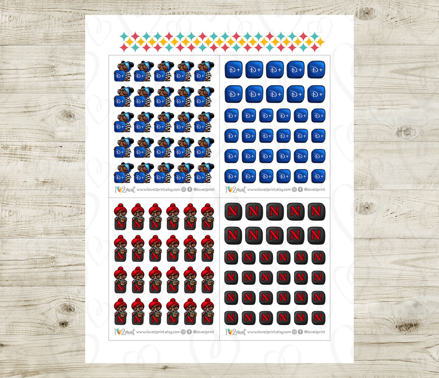 Streaming Services SET 1 – COLOR Elena Planner Girl – Printable Planner Stickers – PDF + Cut Files – Netflix, Hulu, Disney+, Apple TV