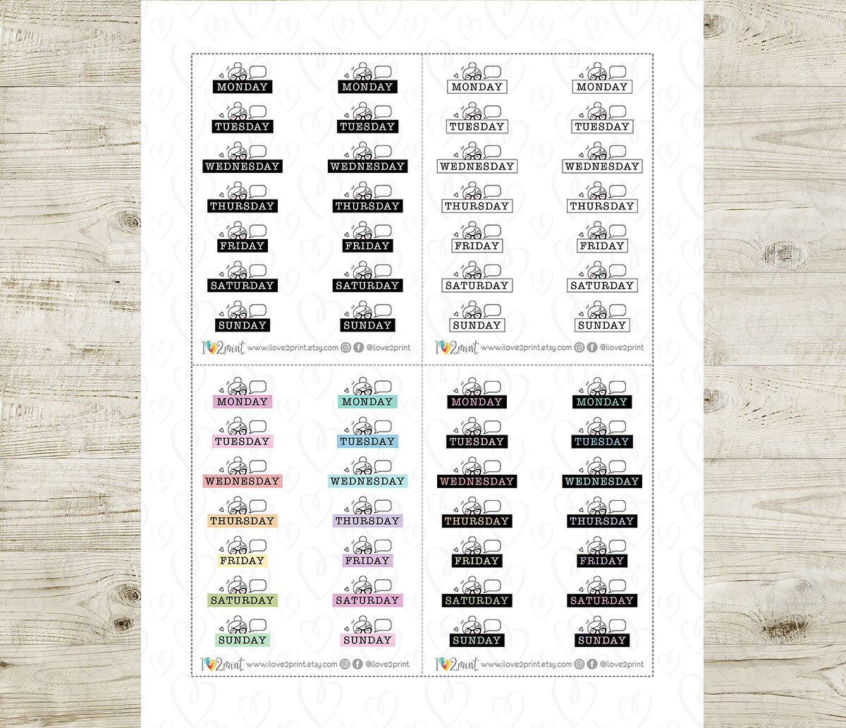 Elena Weekdays Headers Printable Planner Stickers | 4 Variations | PDF Cut Files | Instant Download