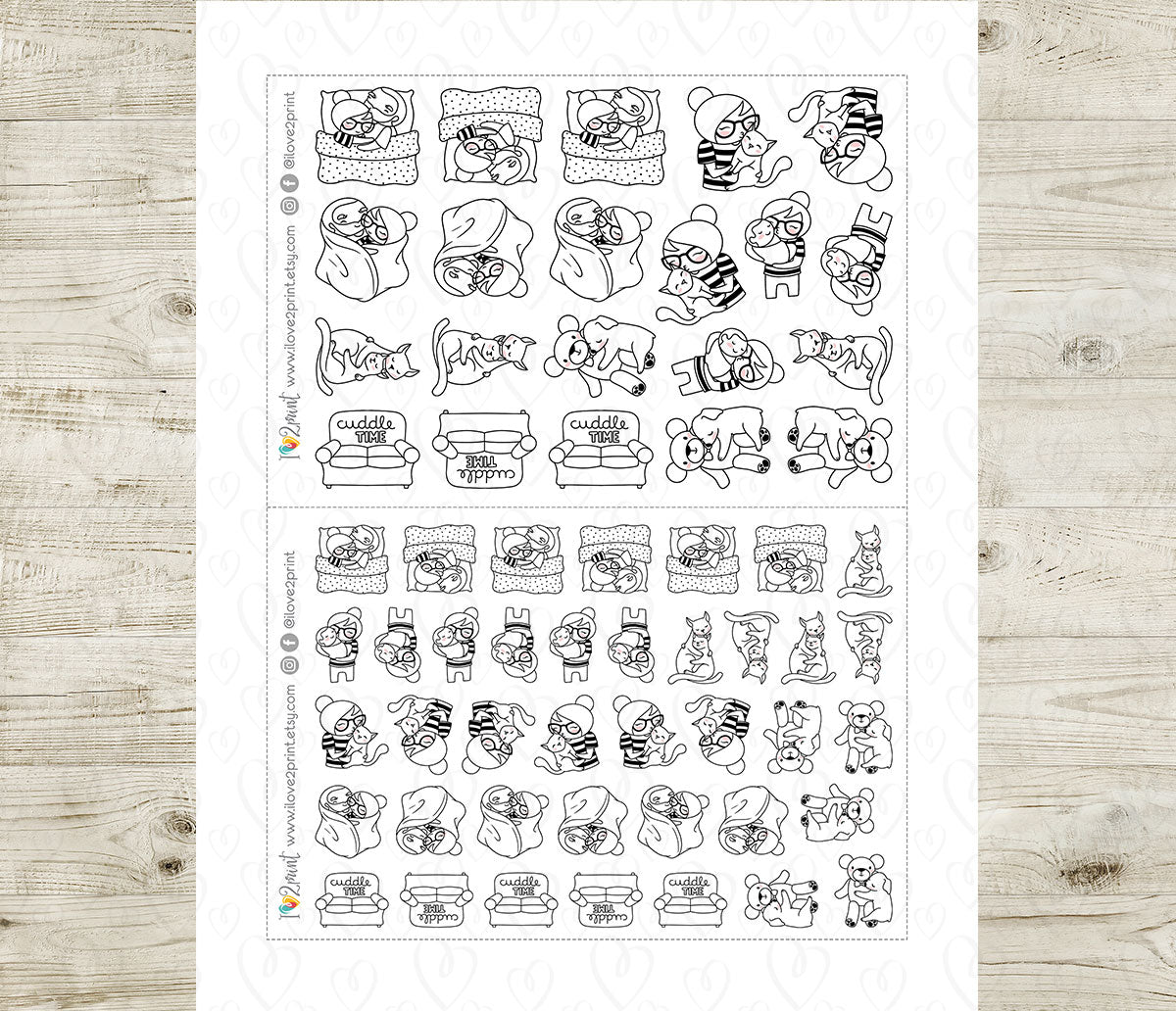Elena Cuddle Time Doodle Printable Planner Stickers | Outline Cozy Couple | PDF Cut Files