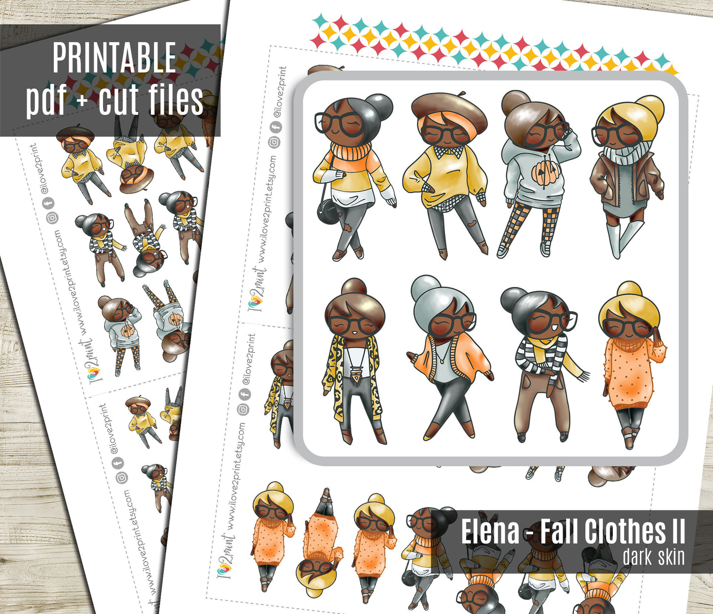 Elena Fall Outifit SET 2 – DARK Skin Printable Planner Stickers – PDF + Cut Files