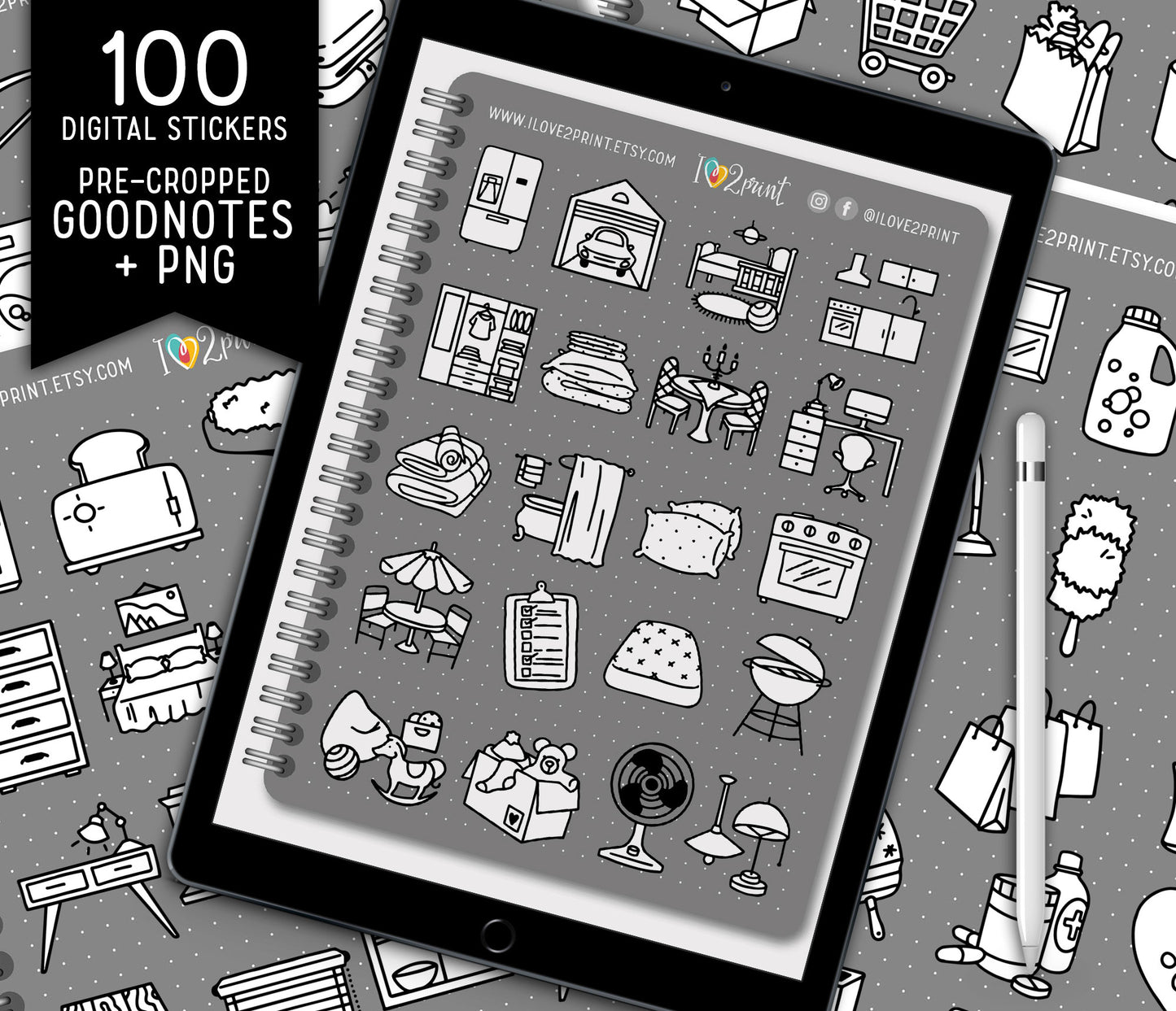 100 House Work Icons - Pre-Cropped DOODLE GoodNotes Book Digital Planner Sticker