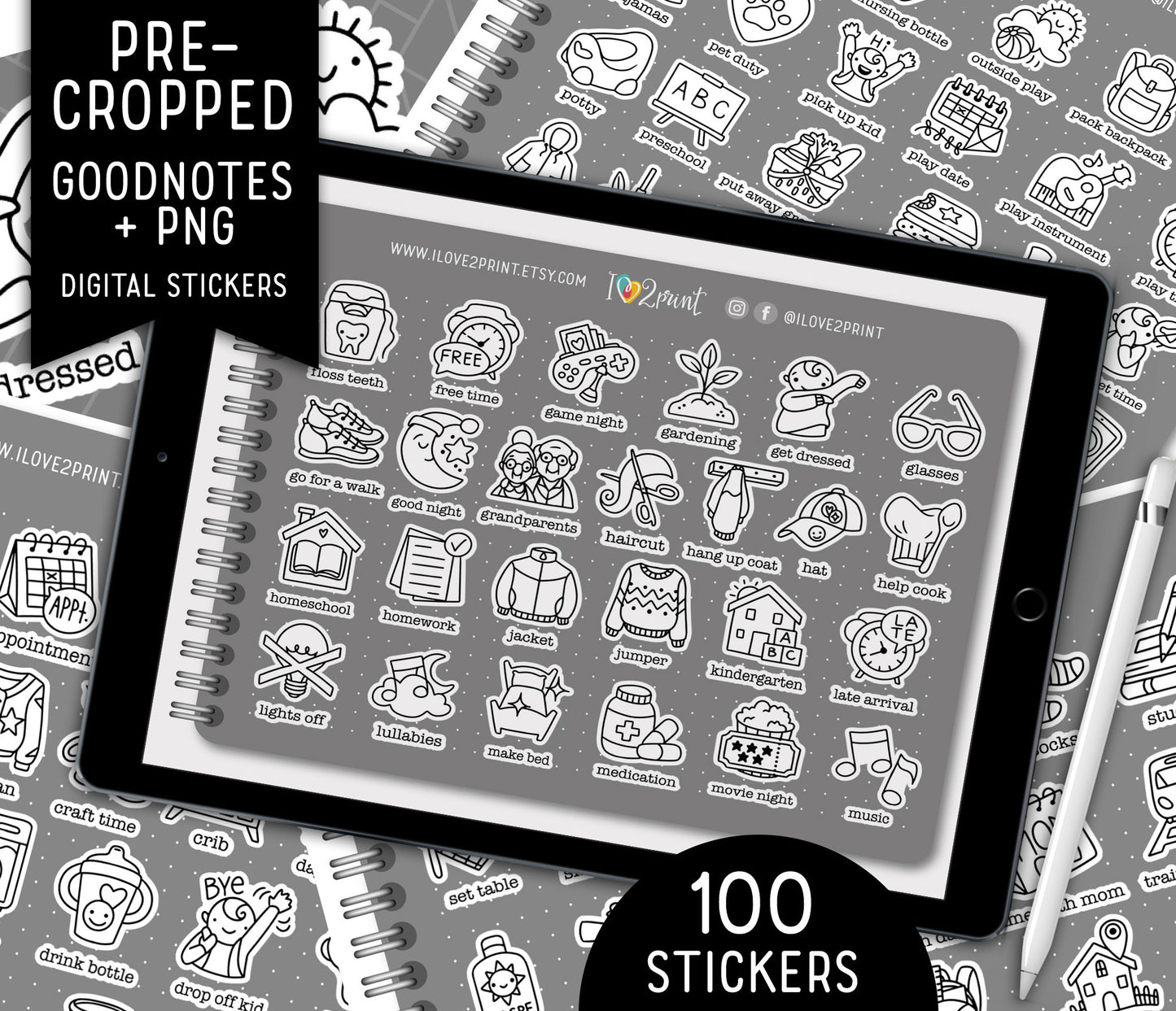 100 Kids Routine Icons - Pre-Cropped STAMP GoodNotes Book Digital Planner Sticker