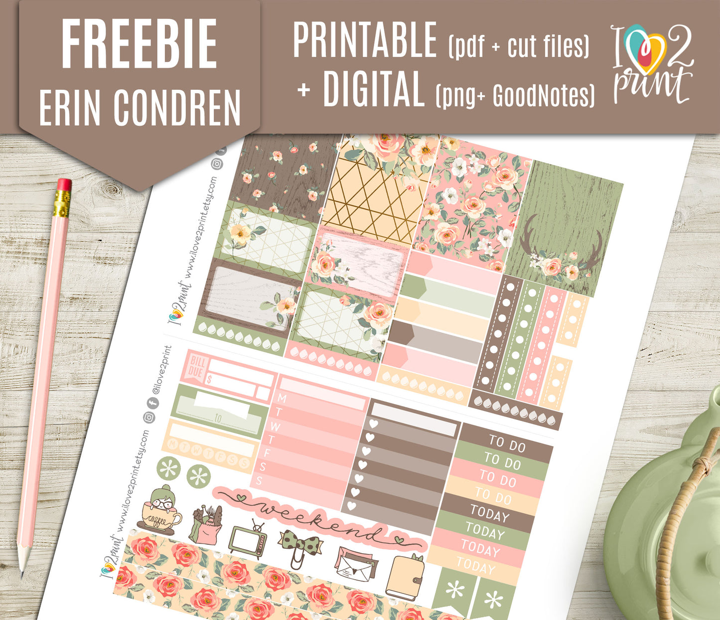 FREEBIE Country Roses Weekly Set - Printable Planner Stickers - Pdf & Cut Files