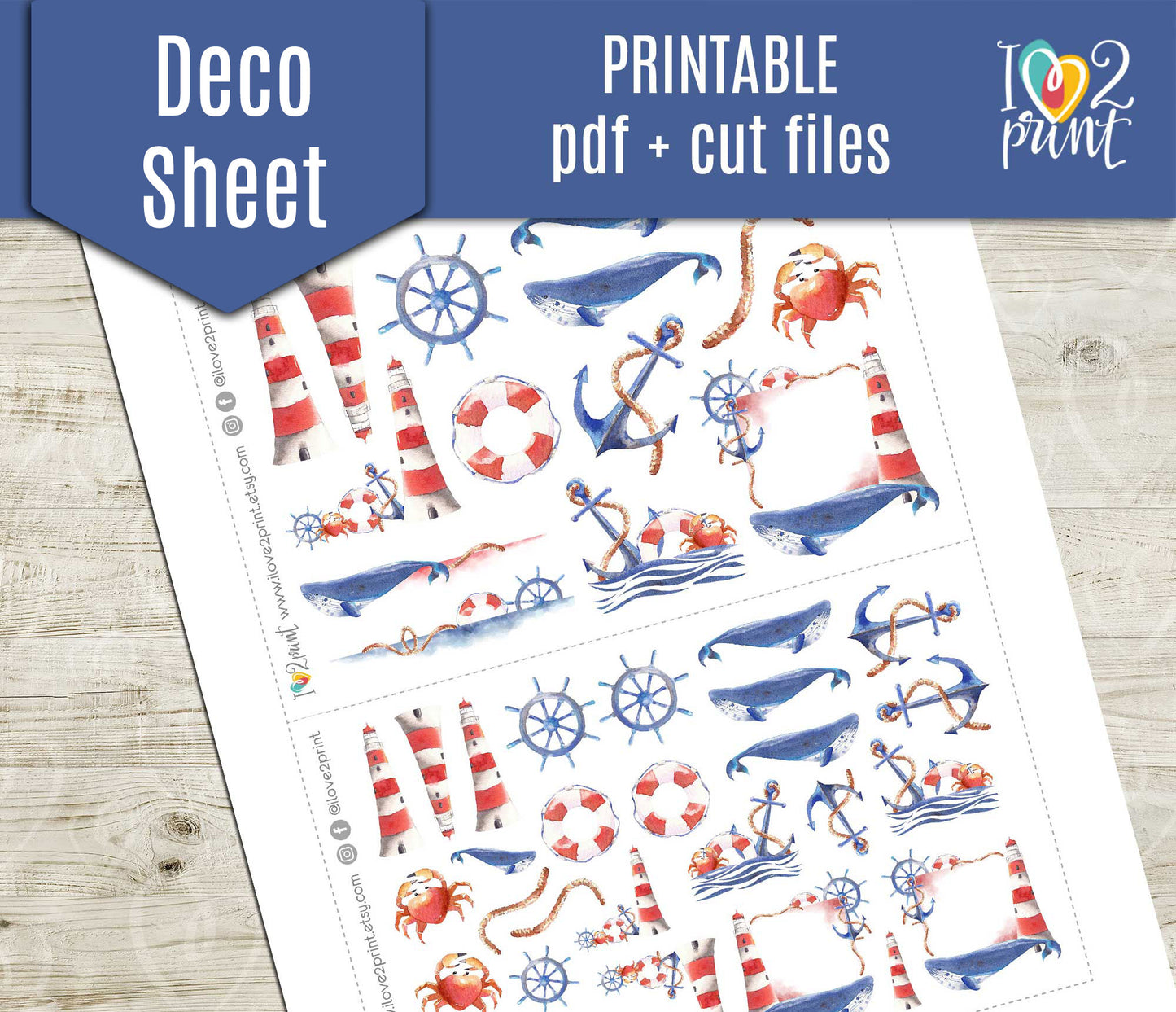 Nautical Watercolor Decorative Stickers - Printable PDF & Cut Files