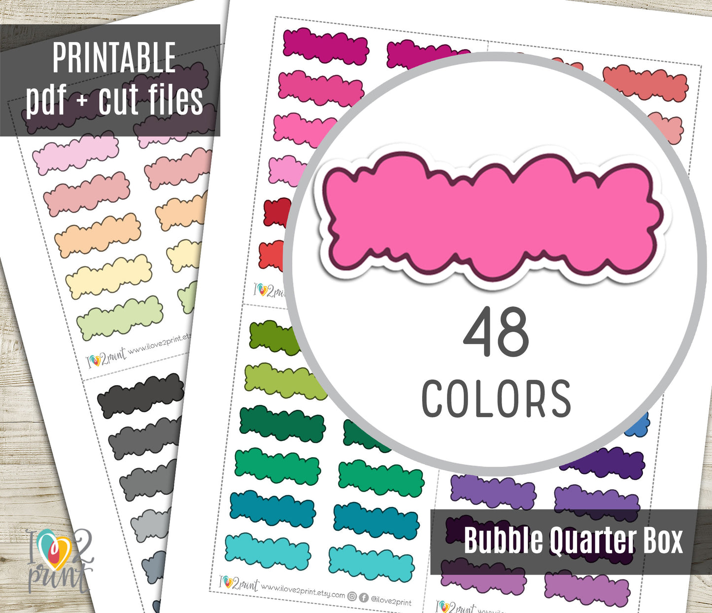 48 Colorful Bubble Doodle Quarter Box Stickers | Printable Functional Planner Supplies | PDF & Cut Files