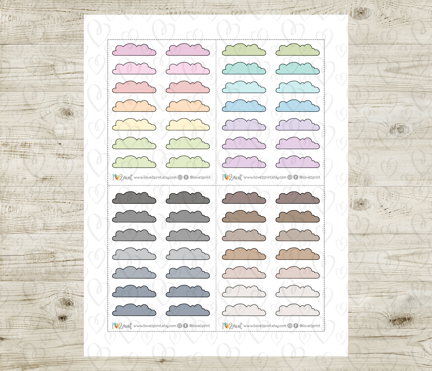 48 Colorful Cloud Doodle Quarter Box Stickers | Printable Functional Planner Supplies | PDF & Cut Files
