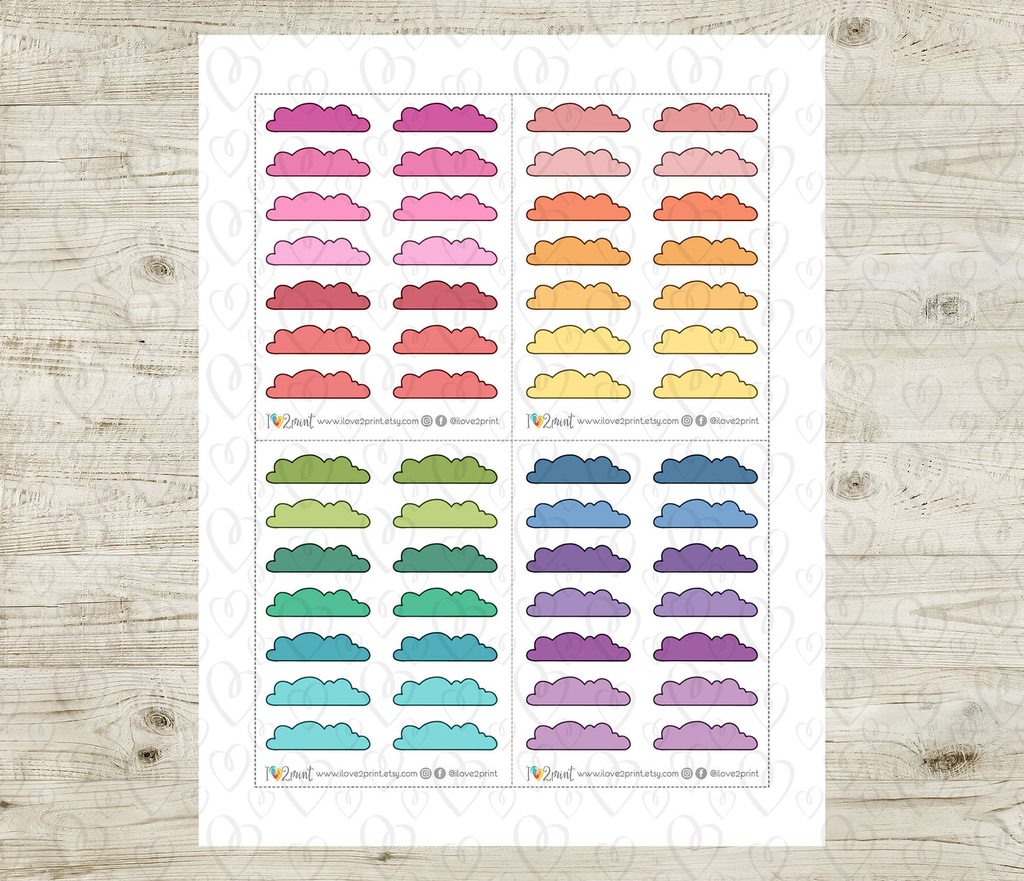 48 Colorful Cloud Doodle Quarter Box Stickers | Printable Functional Planner Supplies | PDF & Cut Files