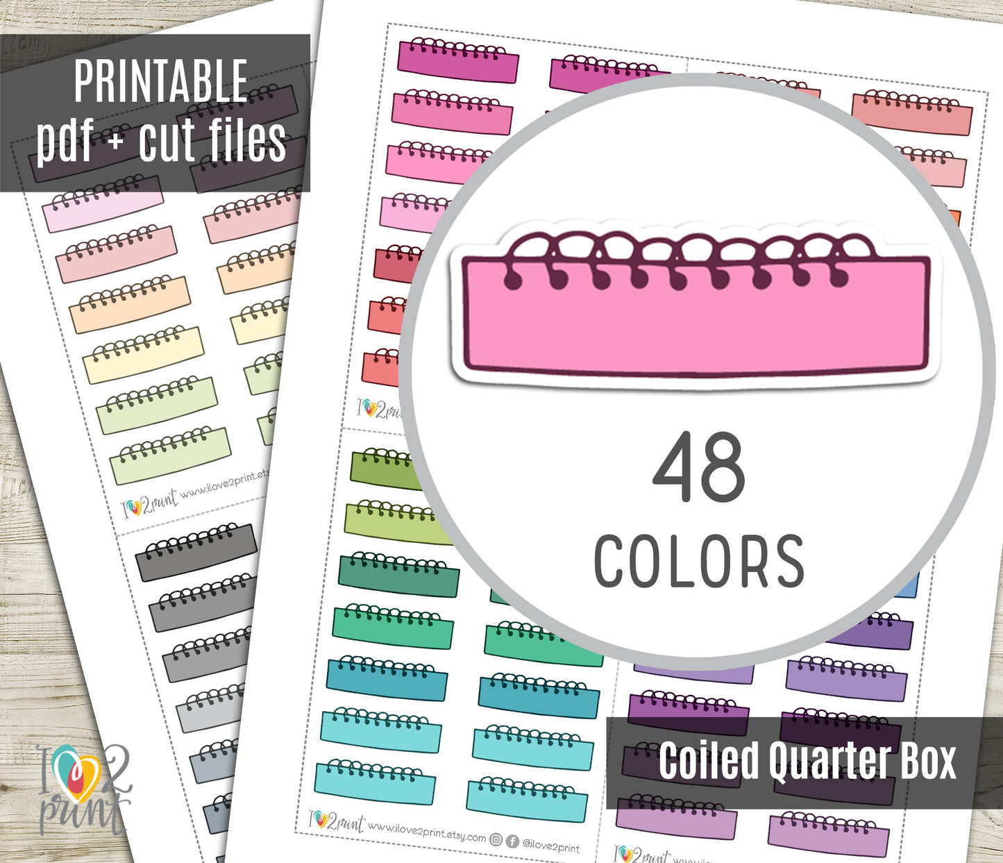 48 Colorful Coiled Note Quarter Box Stickers | Printable Functional Planner Supplies | PDF & Cut Files
