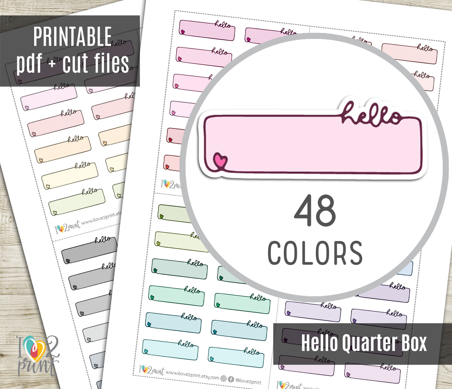 48 Colorful Hello Note Doodle Quarter Box Stickers | Printable Functional Planner Supplies | PDF & Cut Files