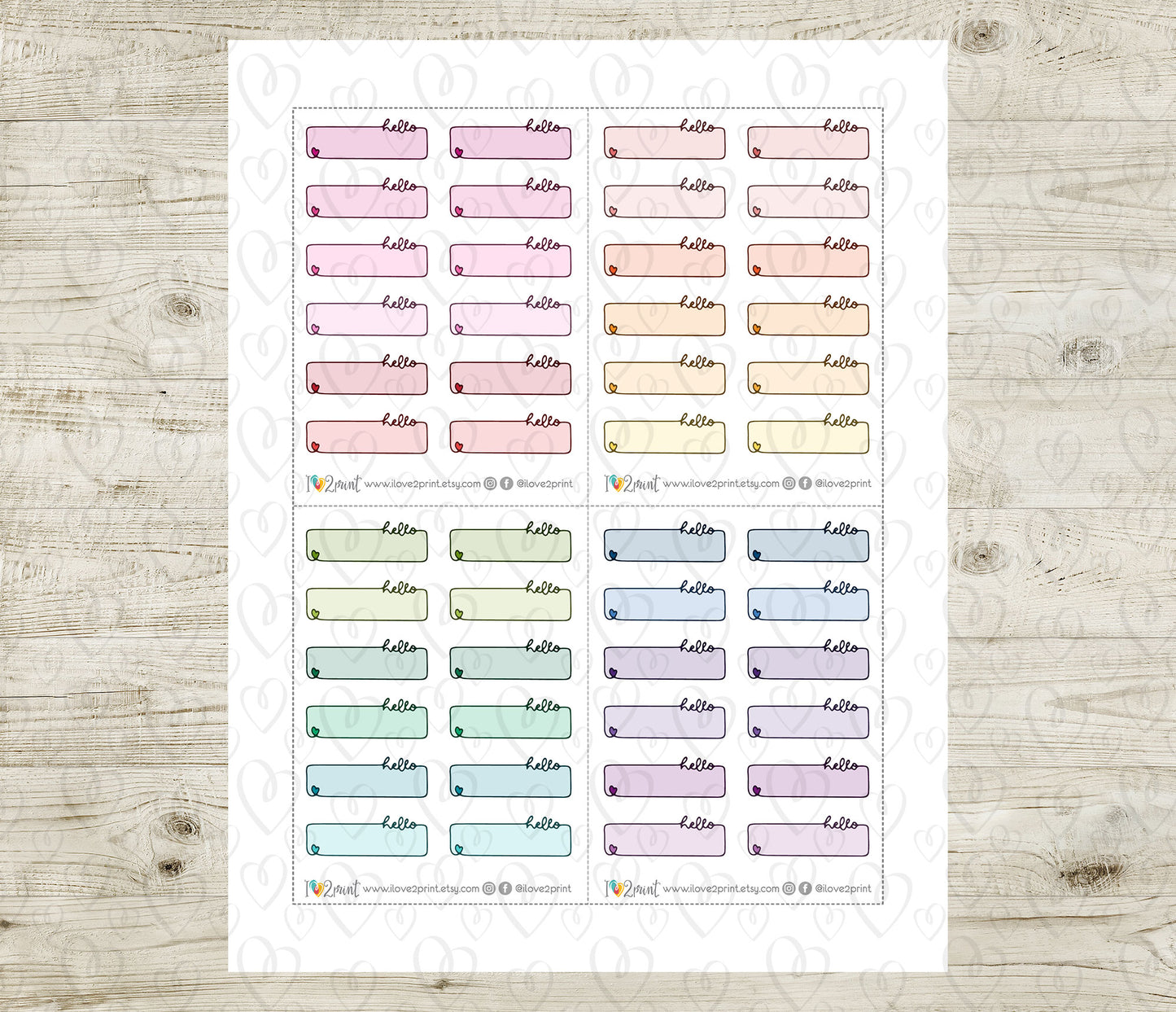 48 Colorful Hello Note Doodle Quarter Box Stickers | Printable Functional Planner Supplies | PDF & Cut Files