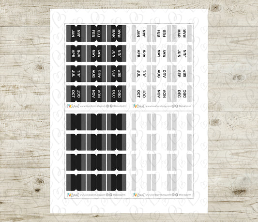 Mini Month Index Tabs - Black and White Printable Planner Stickers - PDF & Cut Files