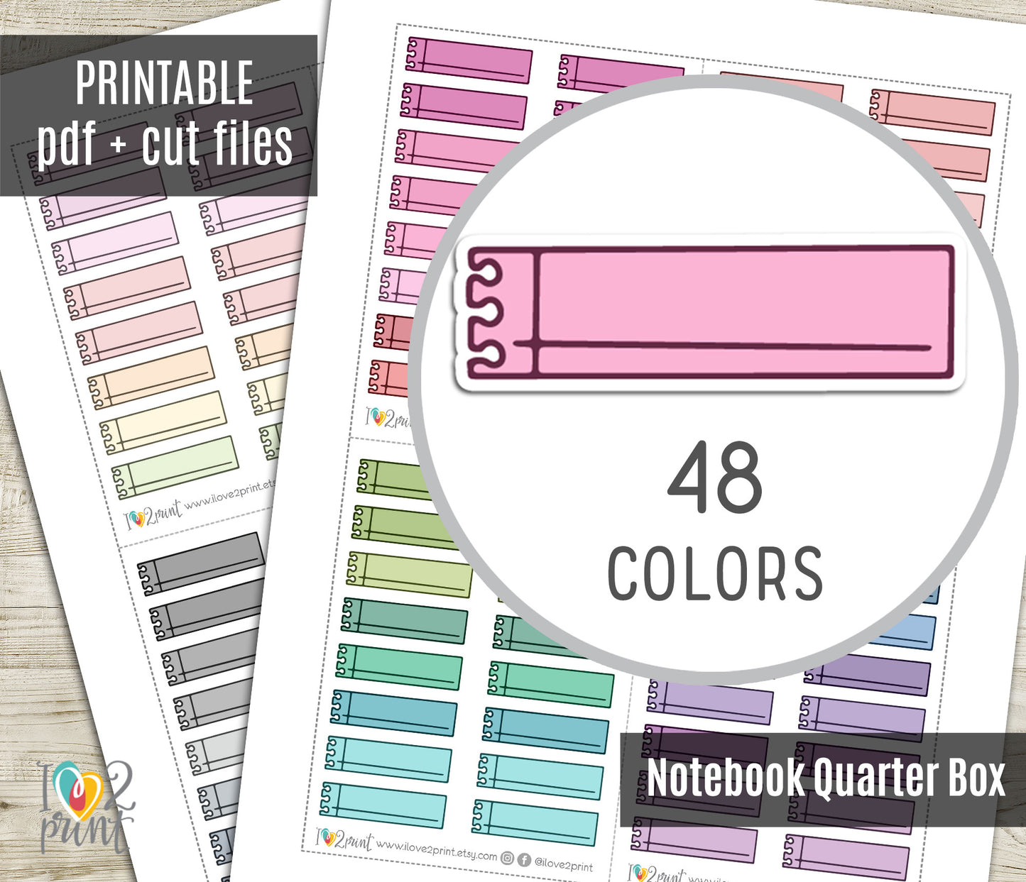 48 Colorful Notebook Note Doodle Quarter Box Stickers | Printable Functional Planner Supplies | PDF & Cut Files