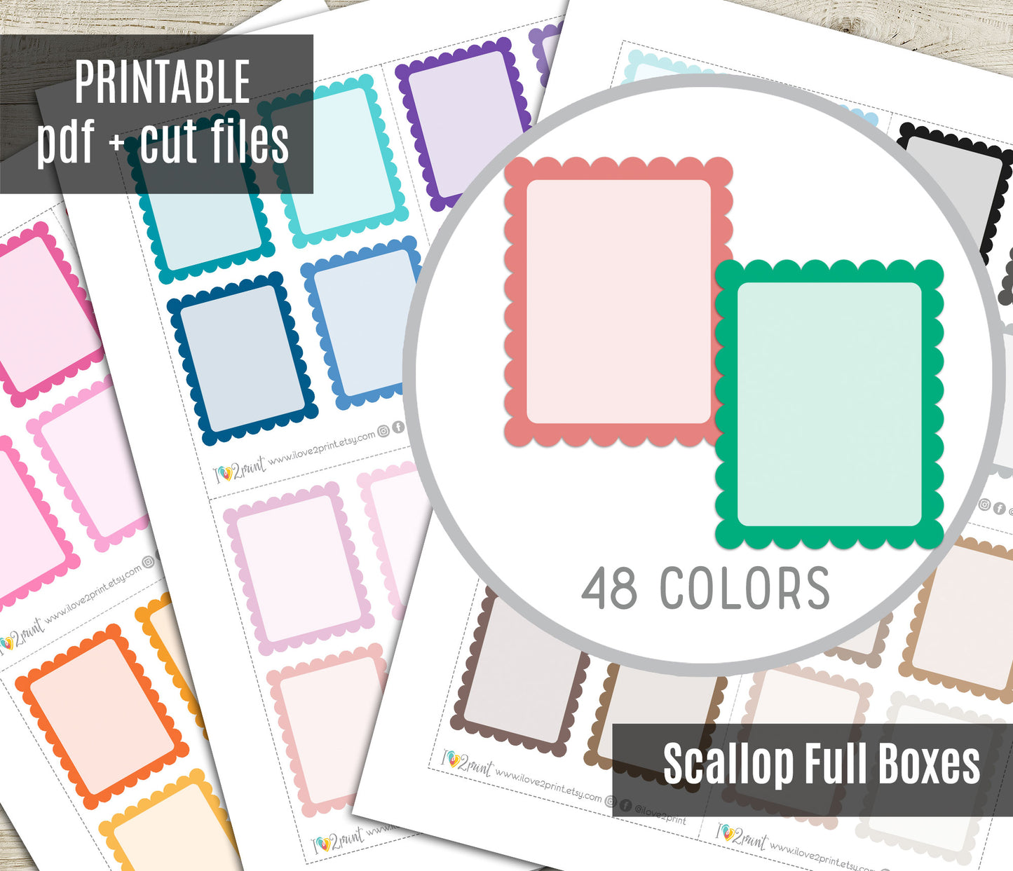 Full Boxes Scalloped - Printable Planner Stickers - PDF & Cut Files
