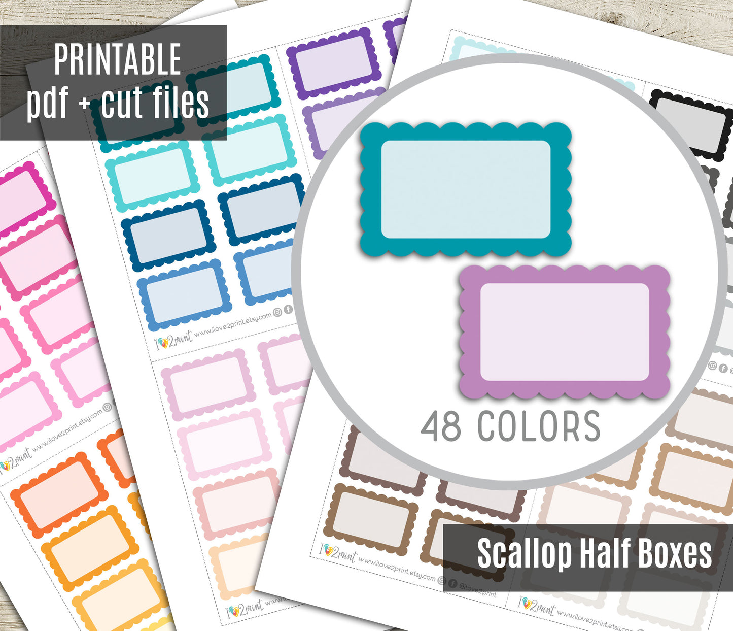 Half Boxes Scalloped - Printable Planner Stickers - PDF & Cut Files