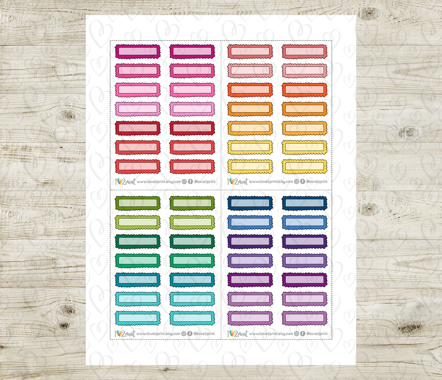 48 Colorful Scallop Note Doodle Quarter Box Stickers | Printable Functional Planner Supplies | PDF & Cut Files