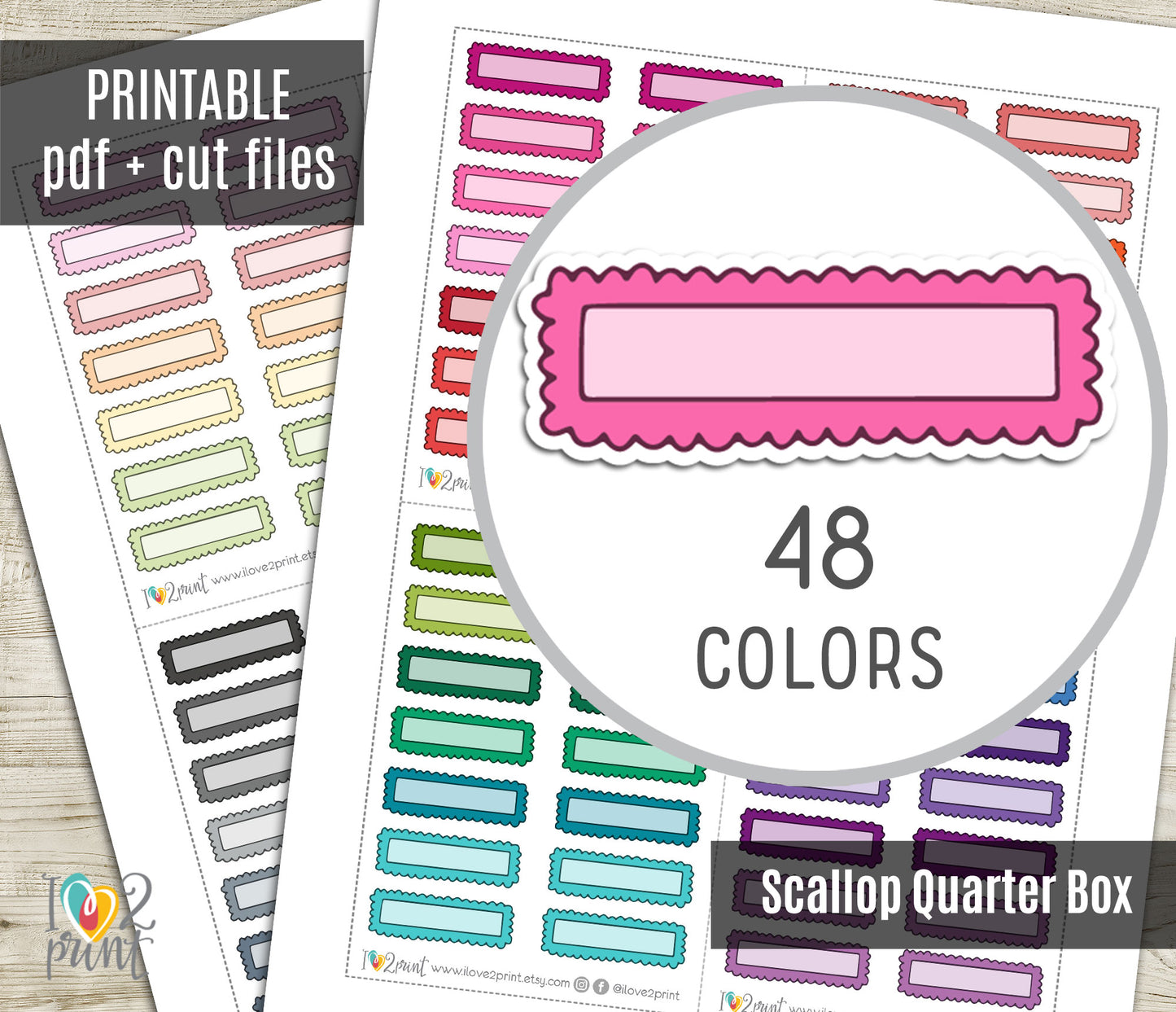48 Colorful Scallop Note Doodle Quarter Box Stickers | Printable Functional Planner Supplies | PDF & Cut Files