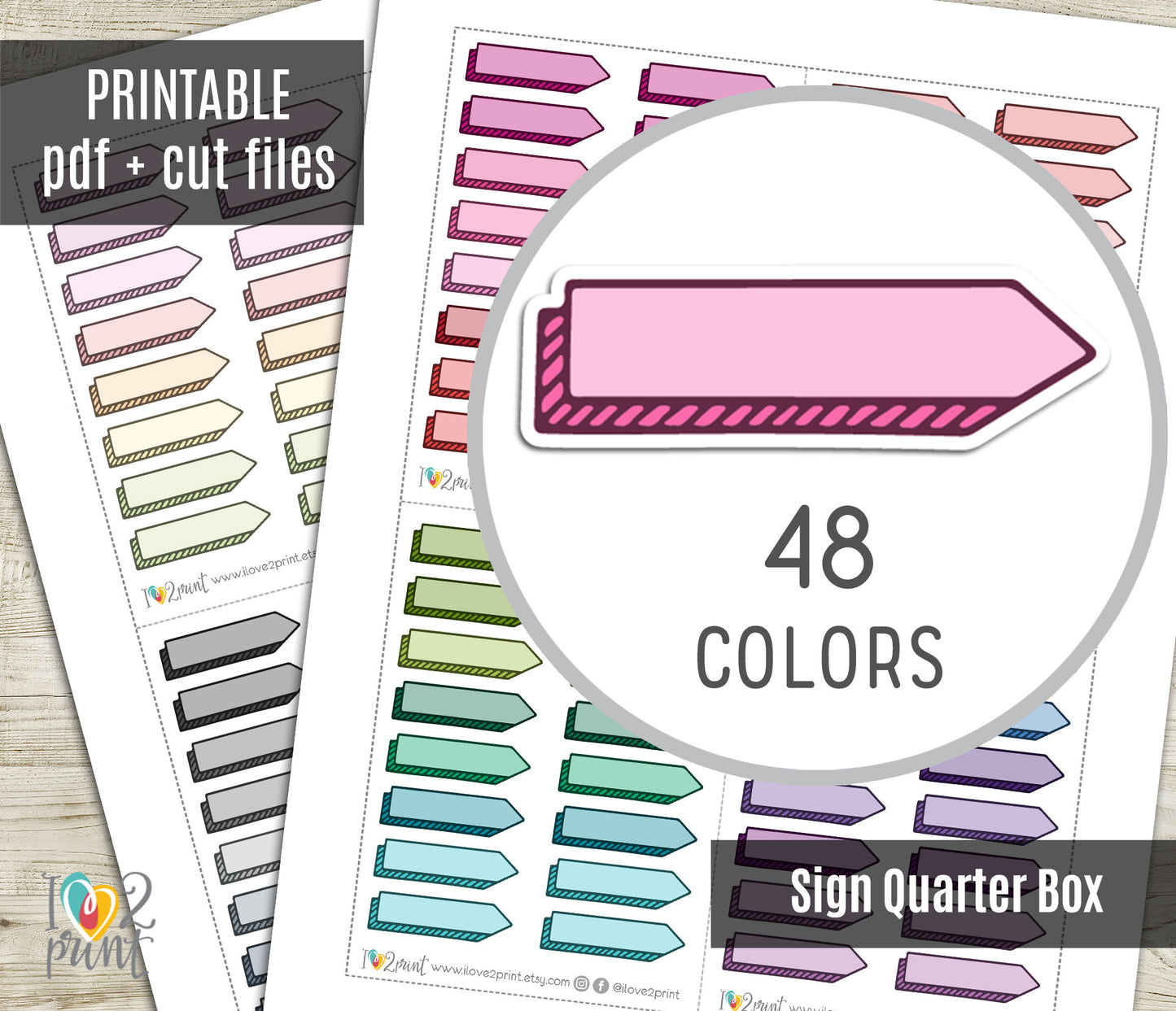 48 Colorful Sign Note Doodle Quarter Box Stickers | Printable Functional Planner Supplies | PDF & Cut Files