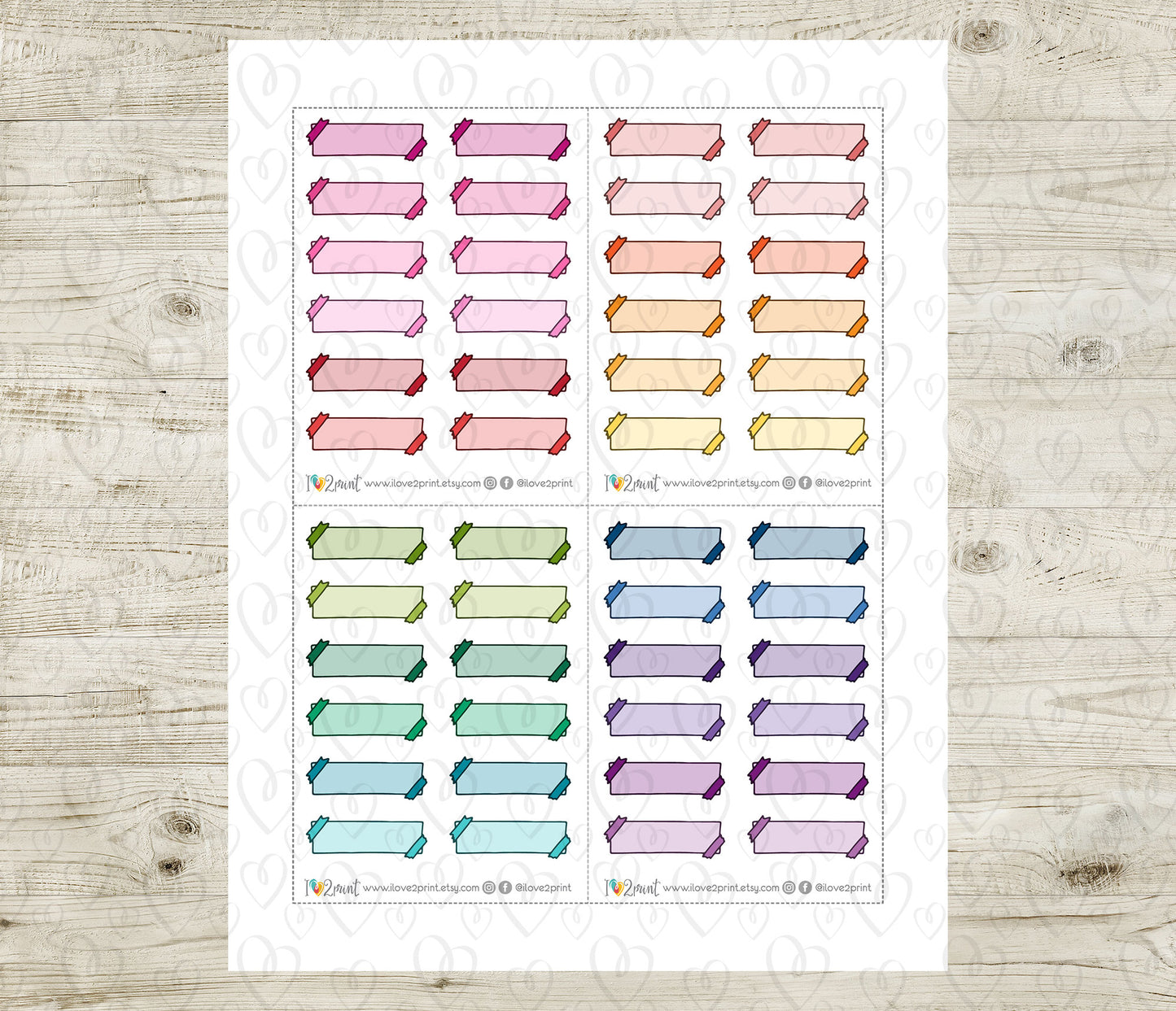 48 Colorful Washi Strip Doodle Quarter Box Stickers | Printable Functional Planner Supplies | PDF & Cut Files