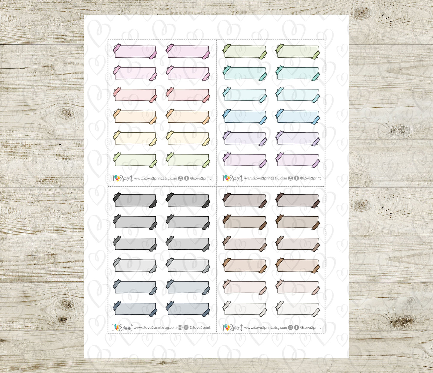 48 Colorful Washi Strip Doodle Quarter Box Stickers | Printable Functional Planner Supplies | PDF & Cut Files