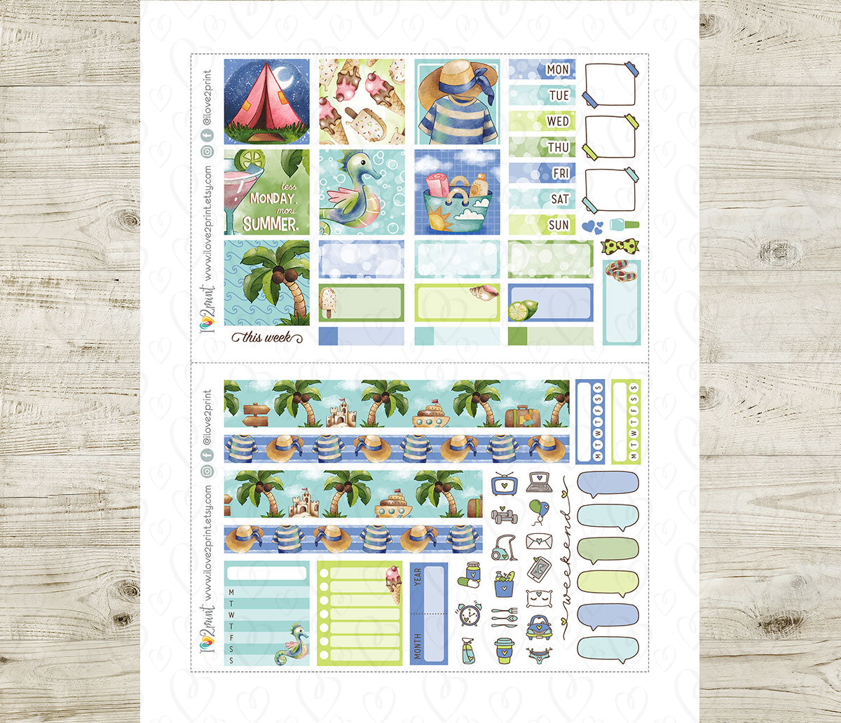 Watercolor Summer Hobonichi Cousin Stickers | Hand Painted Ocean Daily | PDF Cut Files