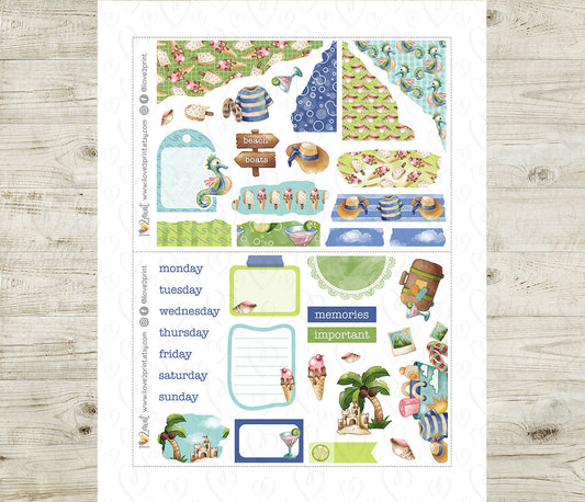 Watercolor Summer Bullet Journal Stickers | Hand Painted Bujo Sea Theme | PDF Cut Files