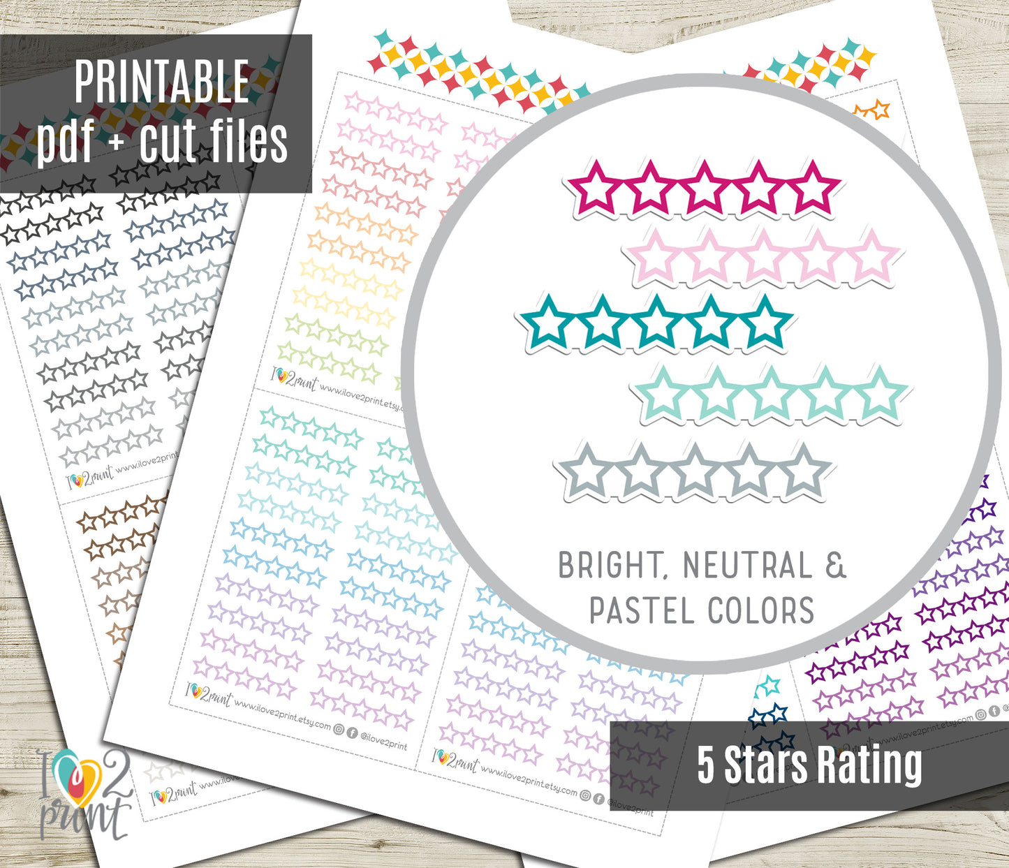 5 Star Rating Stickers – Colorful Instant Download Printable Stickers - PDF & Cut Files
