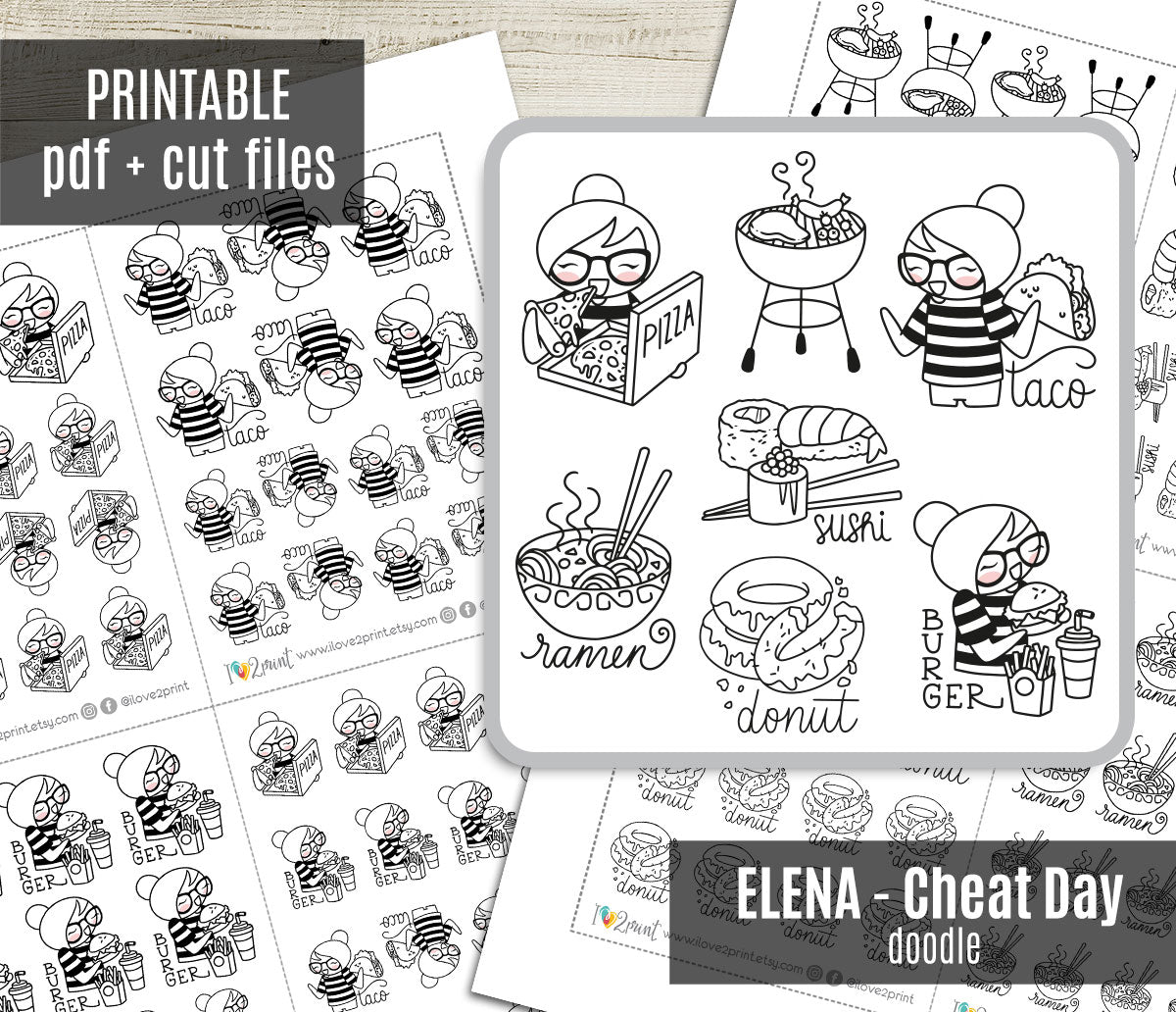 Elena Cheat Day – Takeaway Food Theme - DOODLE Printable Planner Stickers – PDF + Cut Files