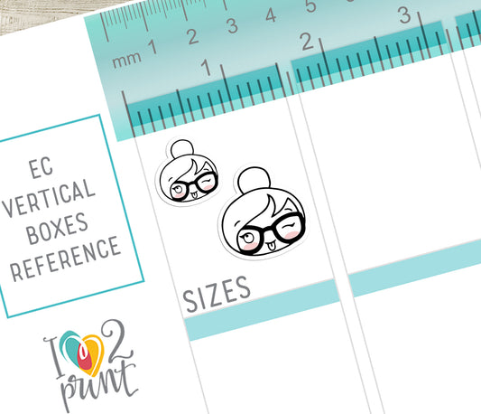 Vertical planner page with 2 size stickers for reference, featuring an emoji head