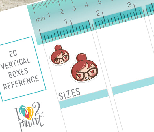 Illustrations of vertical planner with text and a ruler for reference and 2 sizes red hair head stickers on a white background.