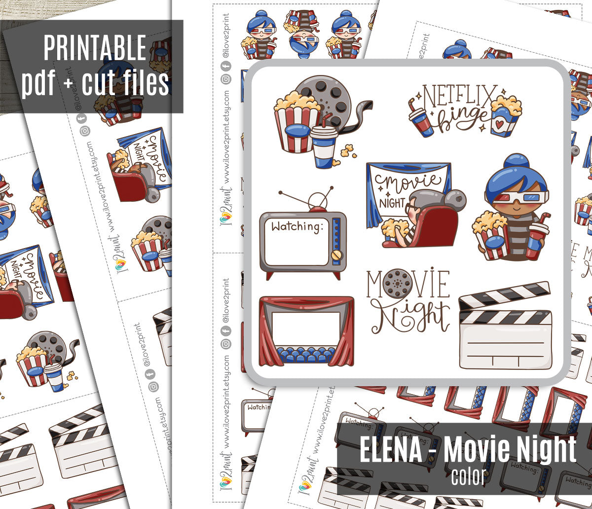Elena Movie Night – Colored Printable Planner Stickers – 2 Skin Tones – PDF + Cut Files – Instant Download