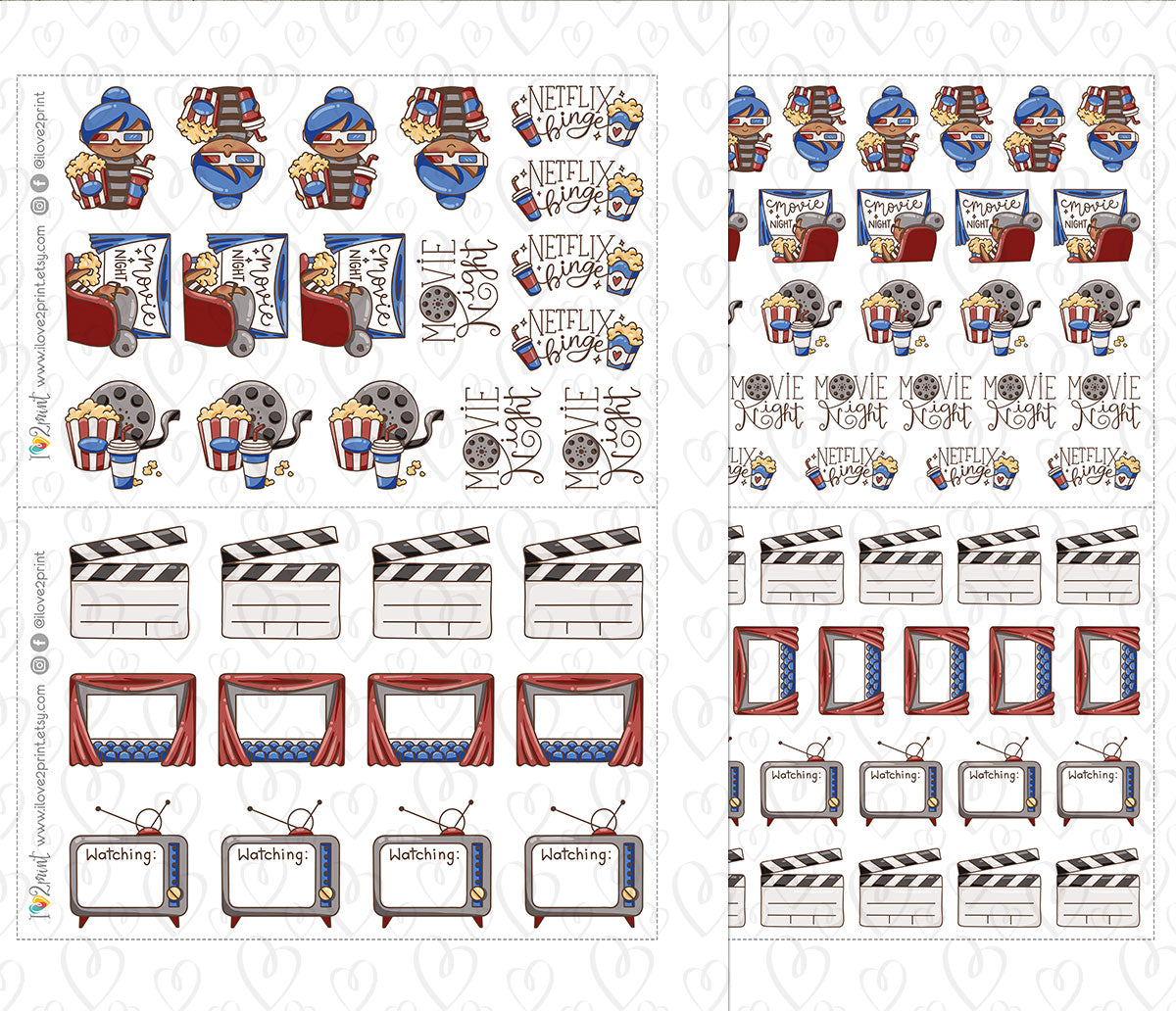 Elena Movie Night – Colored Printable Planner Stickers – 2 Skin Tones – PDF + Cut Files – Instant Download