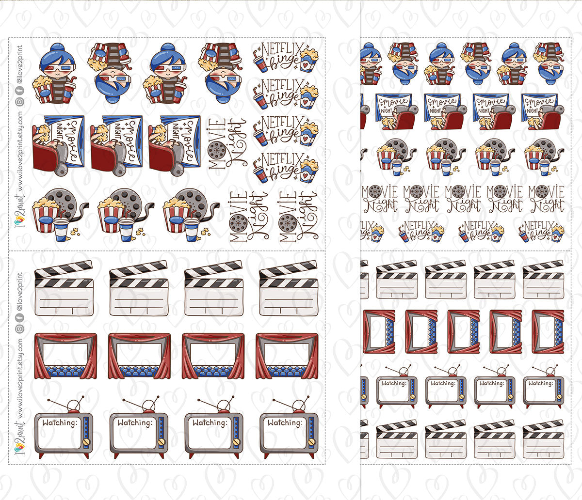 Elena Movie Night – Colored Printable Planner Stickers – 2 Skin Tones – PDF + Cut Files – Instant Download
