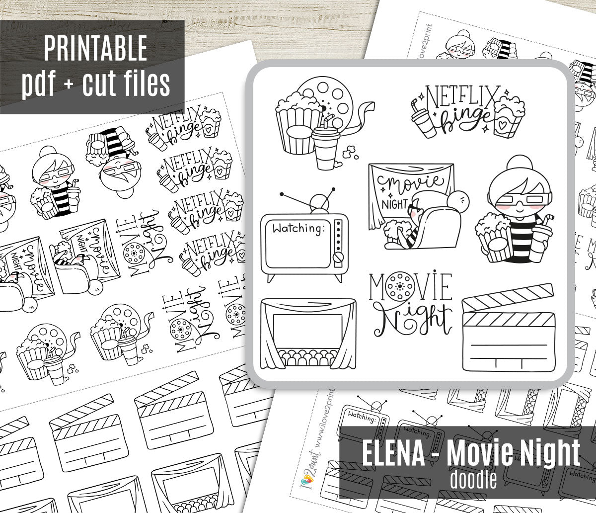 Elena Movie Night – DOODLE Printable Planner Stickers – Cozy Fun – PDF + Cut Files – Instant Download