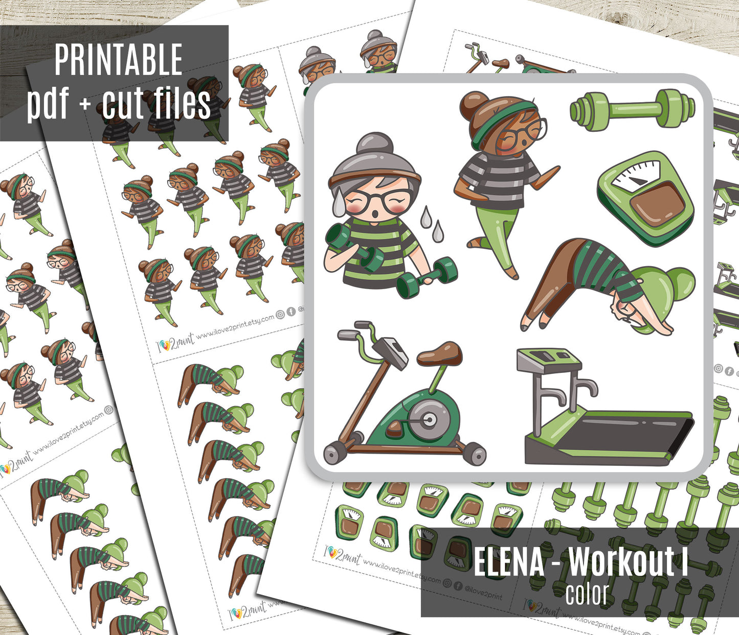 Elena Workout Set 1 – COLOR Printable Planner Stickers – Fitness, Yoga, Running & Gym – PDF + Cut Files – Personal Use