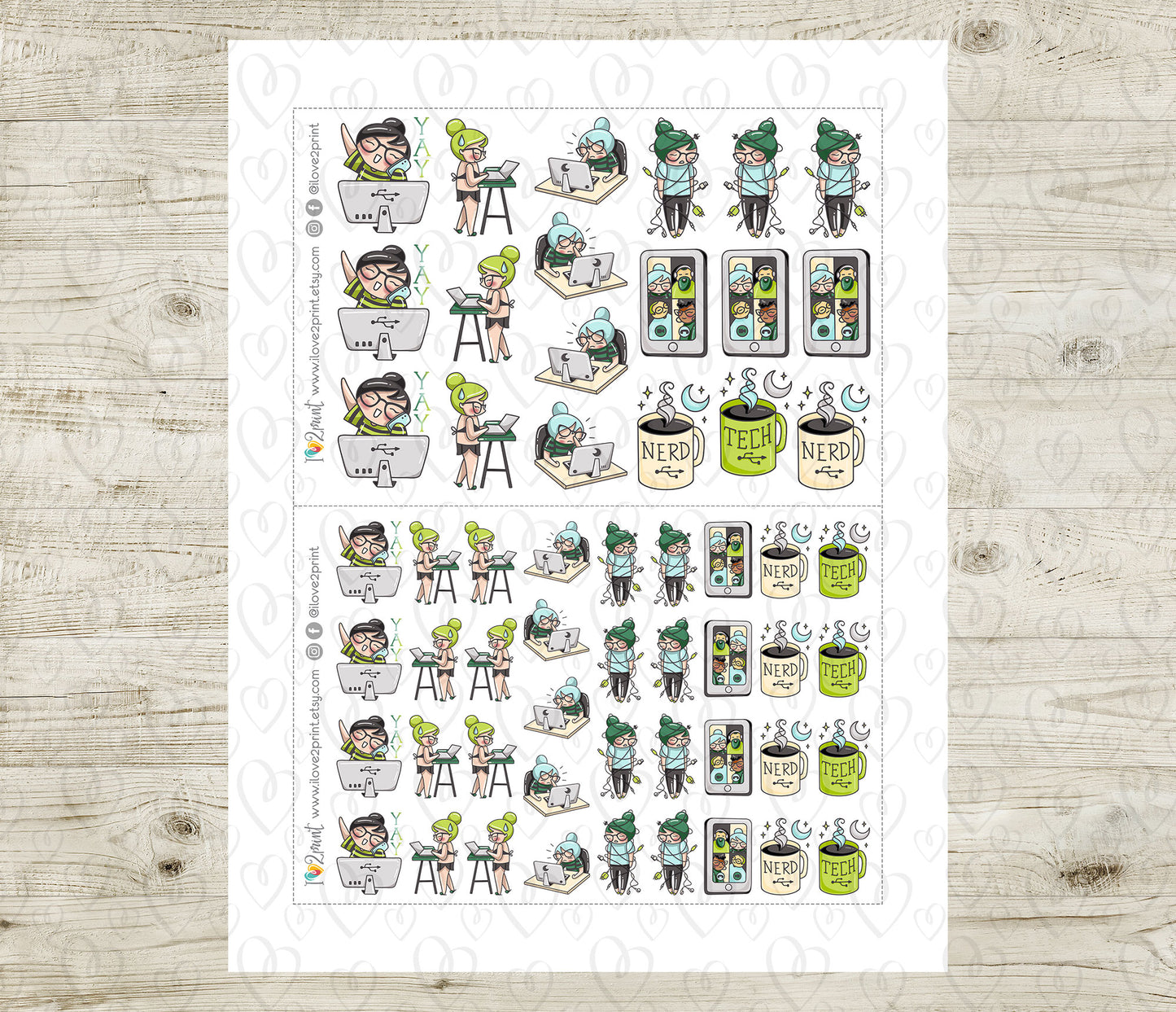 Elena Tech Nerd Color Printable Stickers | 2 Skin Tones Coding | 2 Sizes | PDF Cut Files