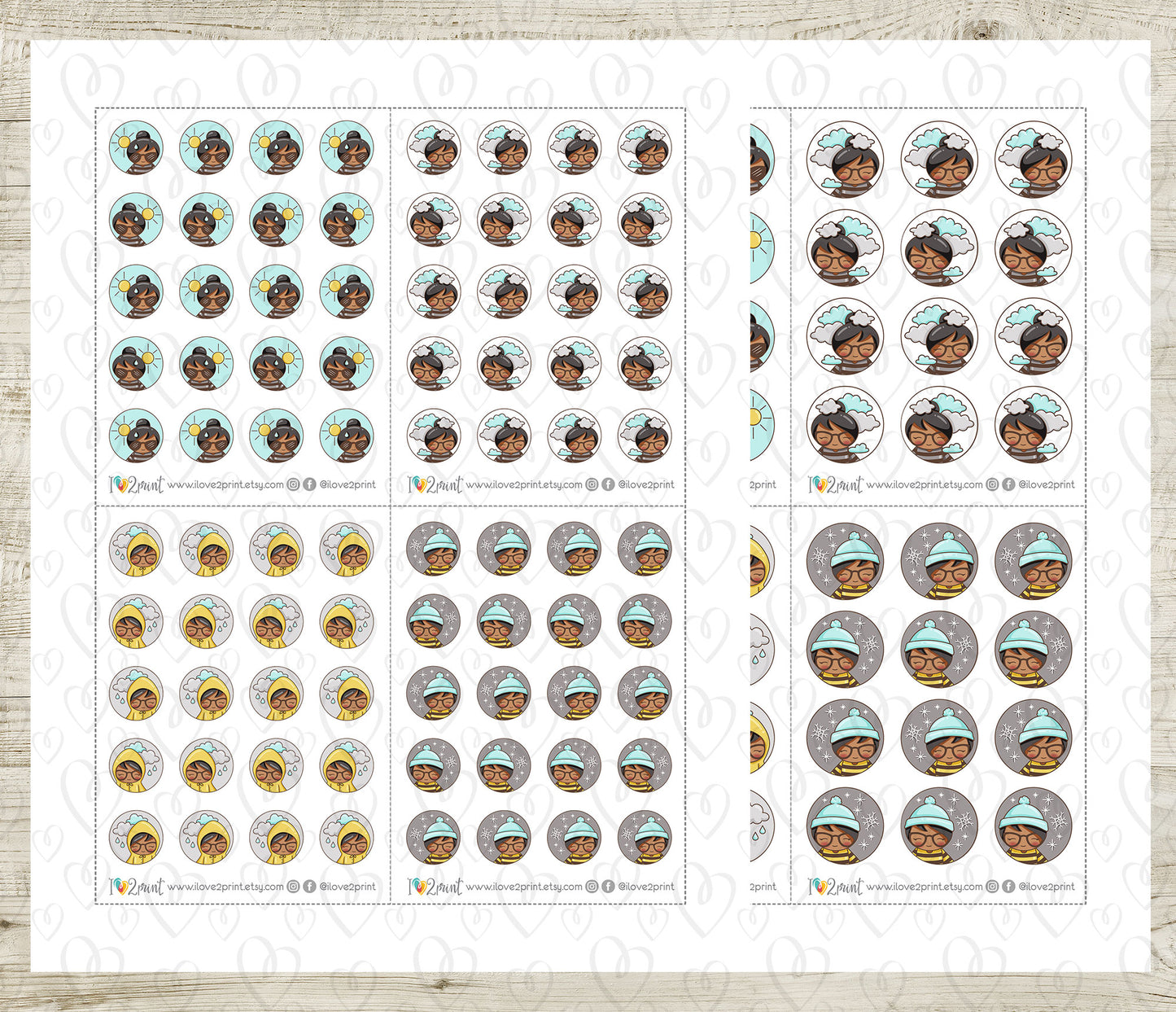 Elena Weather Circles – BROWN skin BLACK hair Printable Planner Stickers – PDF + Cut Files