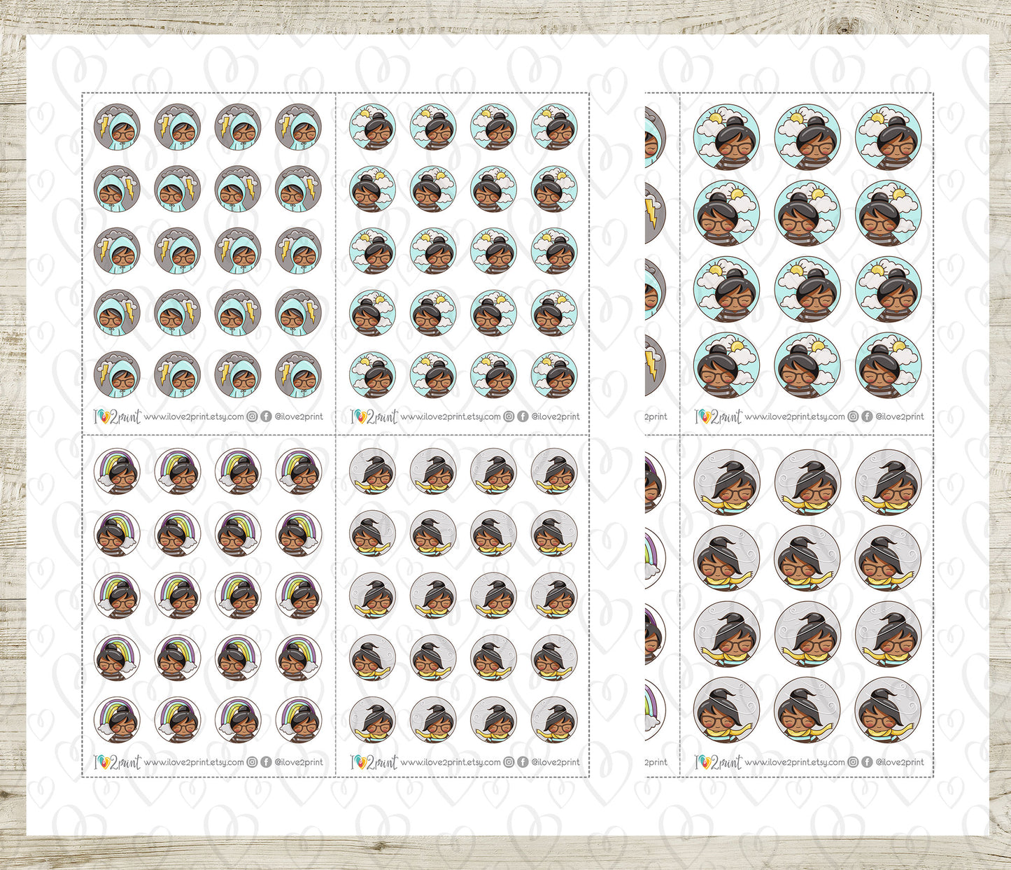 Elena Weather Circles – BROWN skin BLACK hair Printable Planner Stickers – PDF + Cut Files