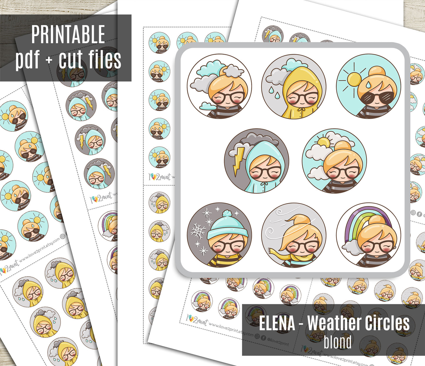 Elena Weather Circles – LIGHT skin BLOND hair Printable Planner Stickers – PDF + Cut Files
