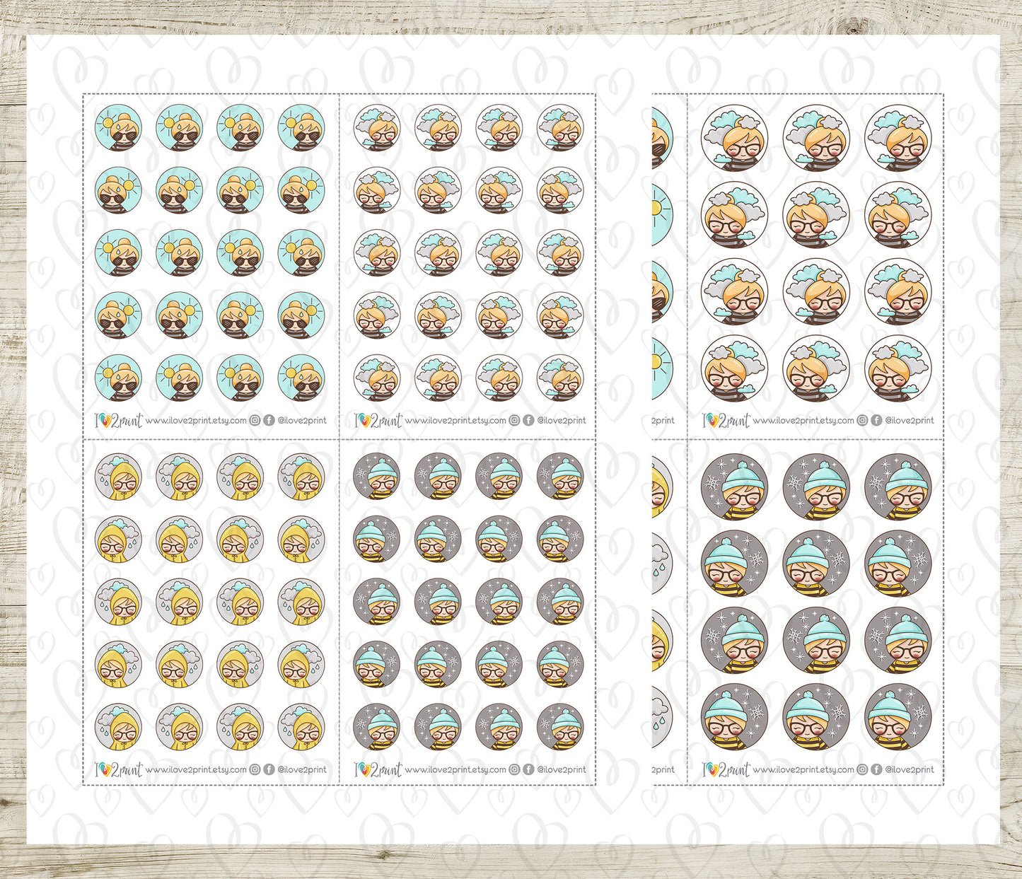 Elena Weather Circles – LIGHT skin BLOND hair Printable Planner Stickers – PDF + Cut Files