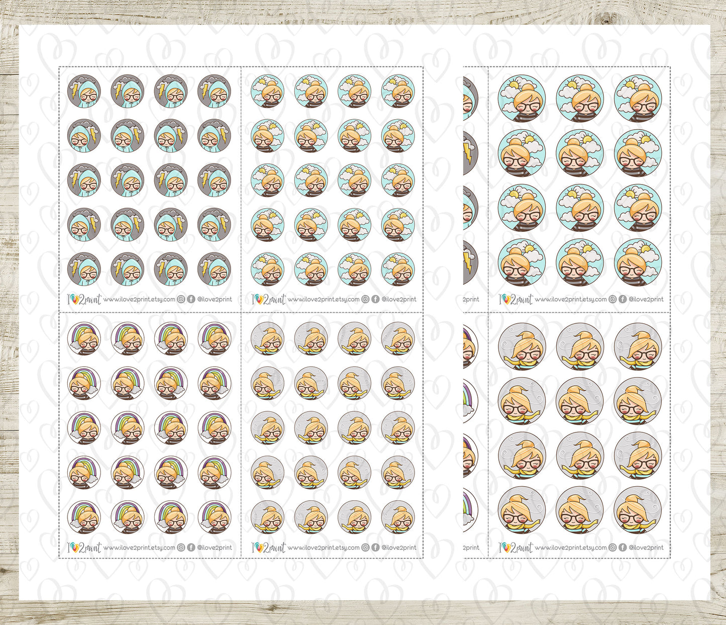 Elena Weather Circles – LIGHT skin BLOND hair Printable Planner Stickers – PDF + Cut Files